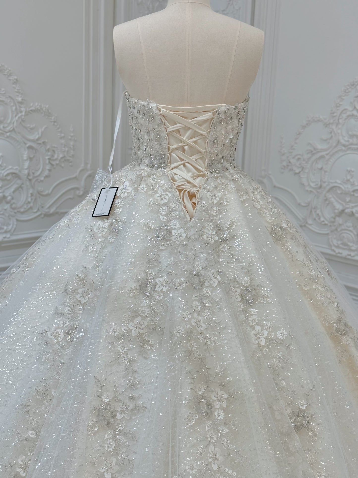 Stock Clearance! Bridal size 12! Champagne strapless/off the shoulder puffy long sleeve beaded 3D floral full ballgown fairy wedding dress