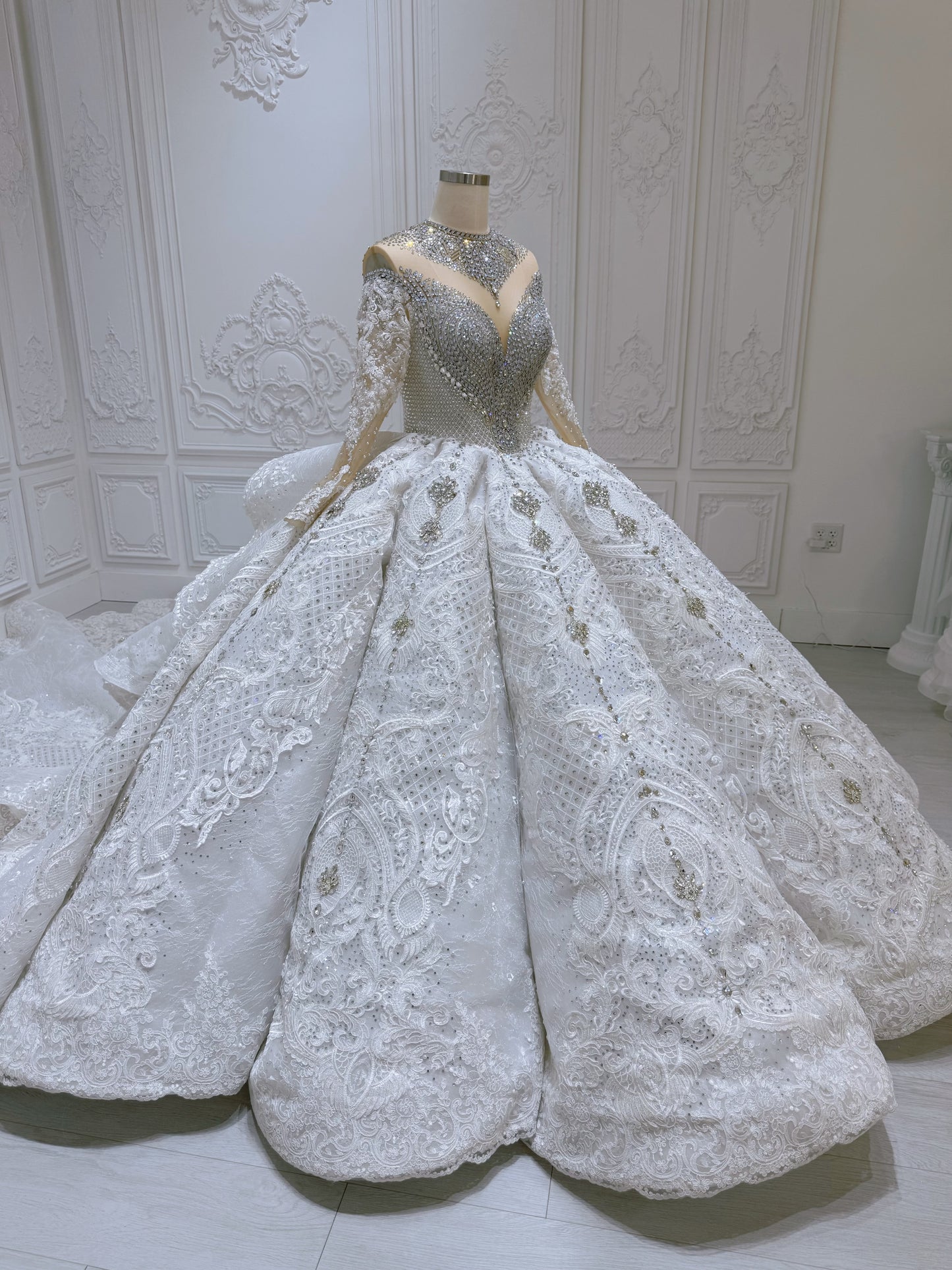 Stock Clearance! Bridal Size 12! Luxury crystal beaded with lace embroidered sparkling long sleeve high neck royal wedding dress