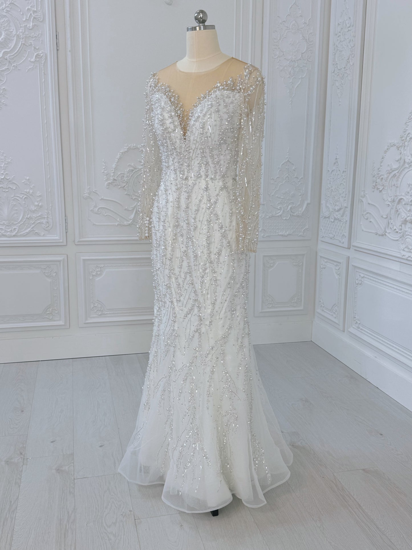 TMC-CM47 Custom-made luxury pearl with beading lace long sleeve 2 in 1 Ballgown&mermaid royal wedding dress