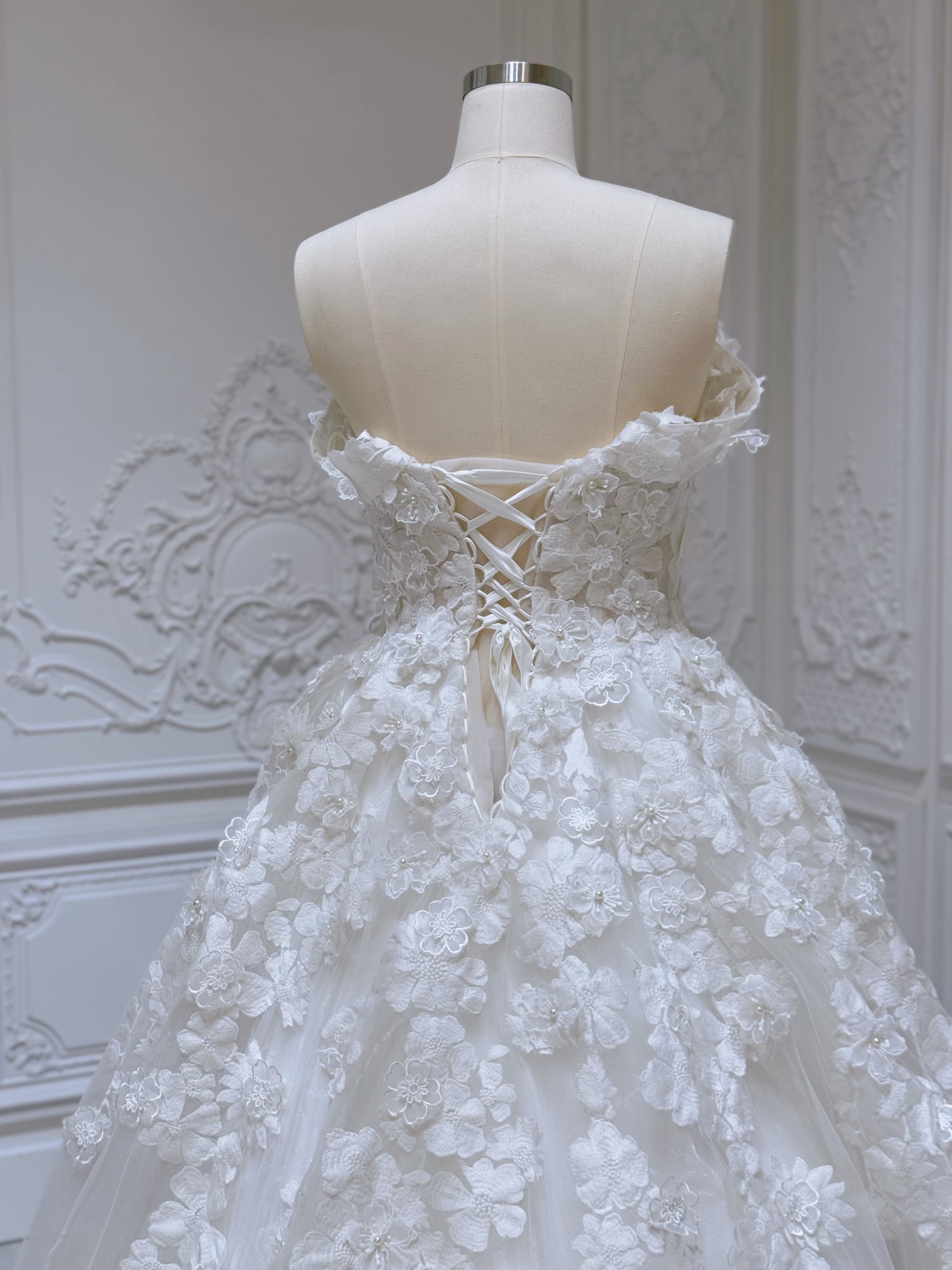 Stock Sale! Bridal size 12! Custom-made 3D floral embroidered off the shoulder with sweetheart Aline fairy wedding dress - Ting's Bridal Collection