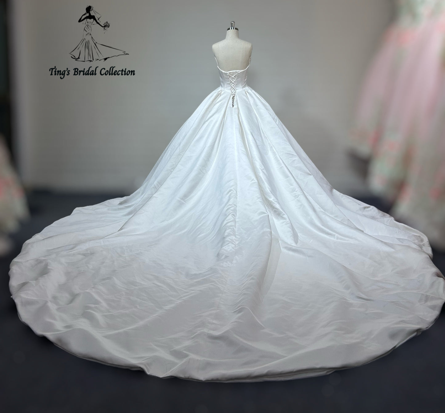 TBC-B027 Made to order satin ballgown wedding dress with ruffled neckline