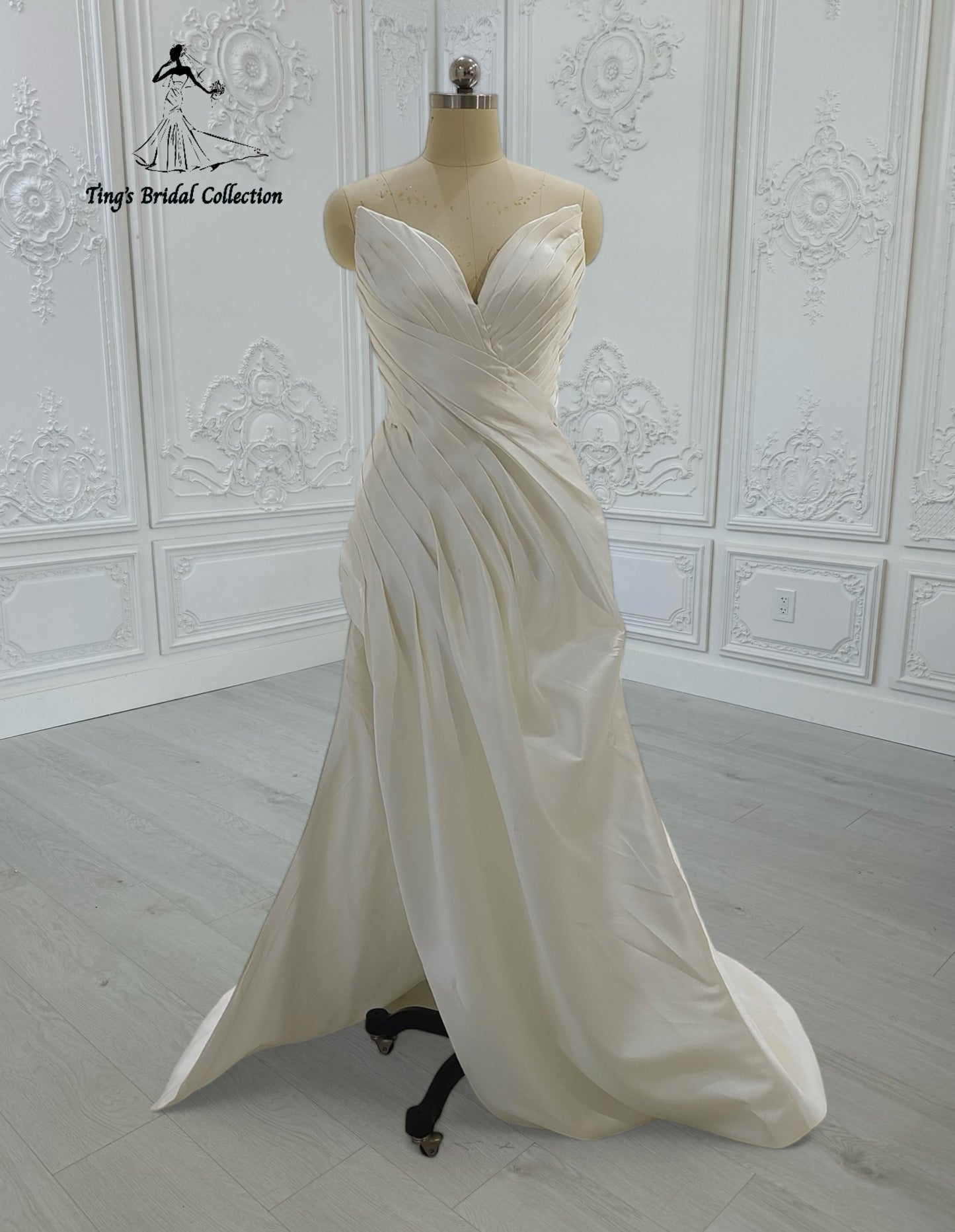 Custom-made strapless with V neck pleated white mikado satin 2 in 1 look split trumpet wedding dress with detachable skirt - Ting's Bridal Collection