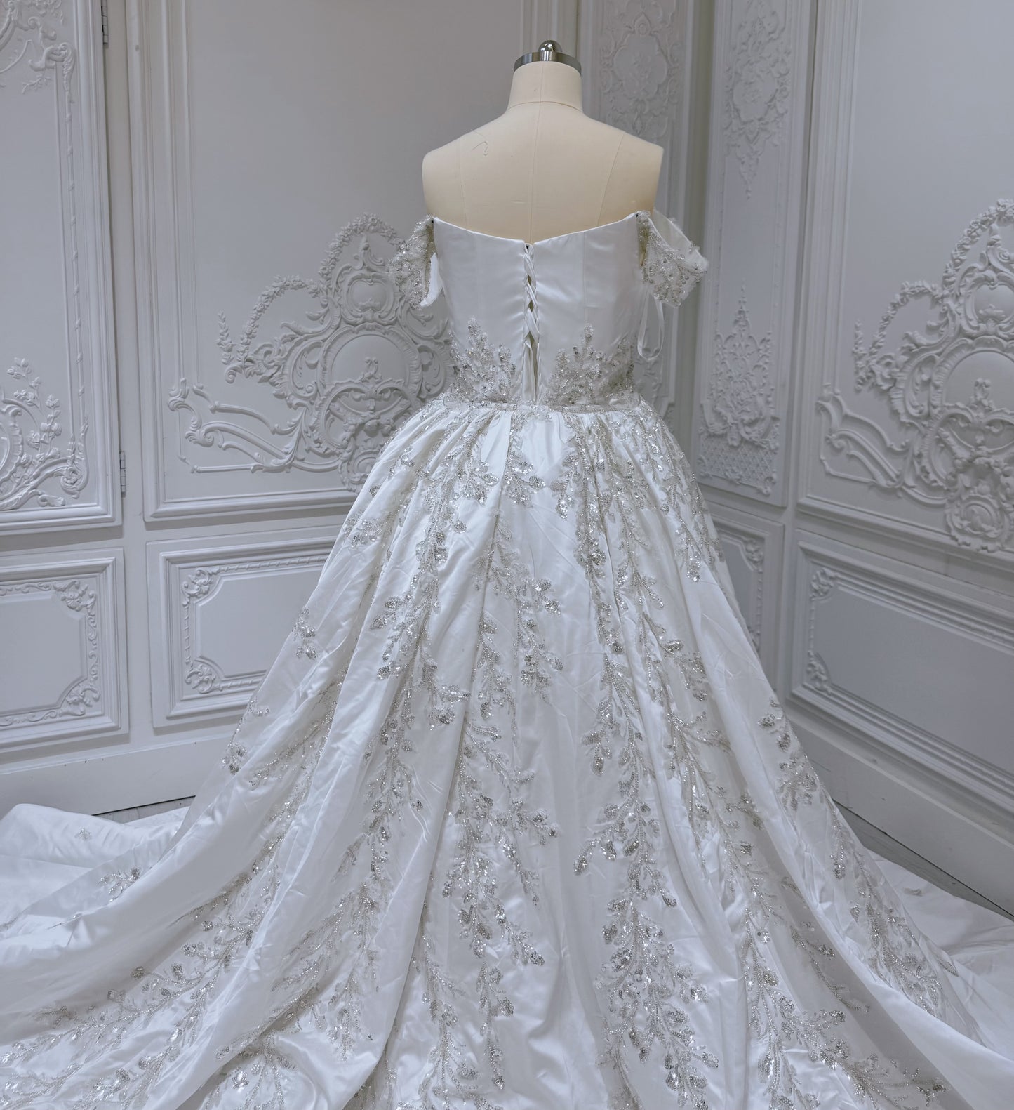 Custom-made off the shoulder pleated white satin with beading lace embroidered 2 in 1 style mermaid wedding dress with detachable skirt - Ting's Bridal Collection