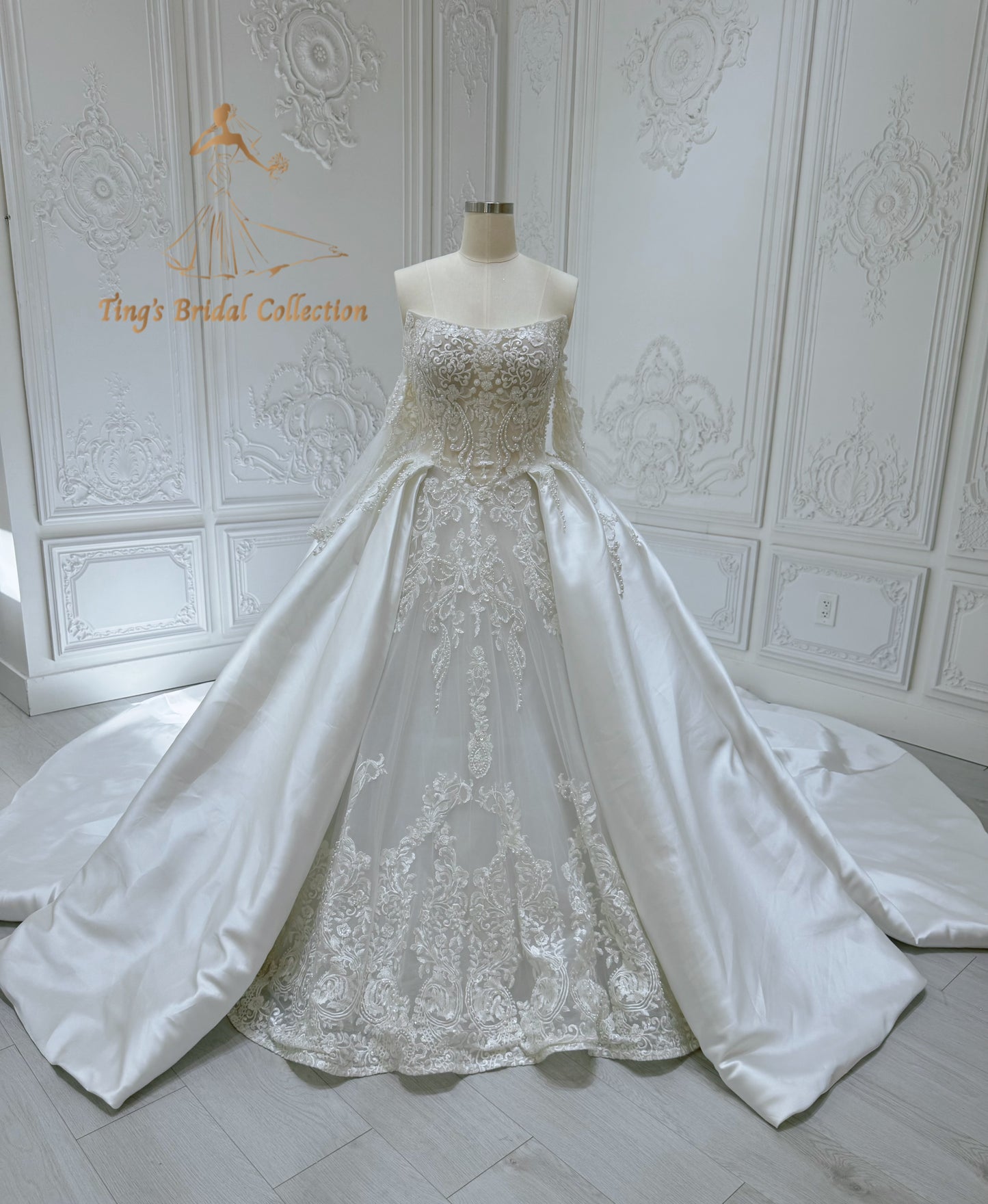 Stock of pearl beaded lace satin ballgown wedding dress