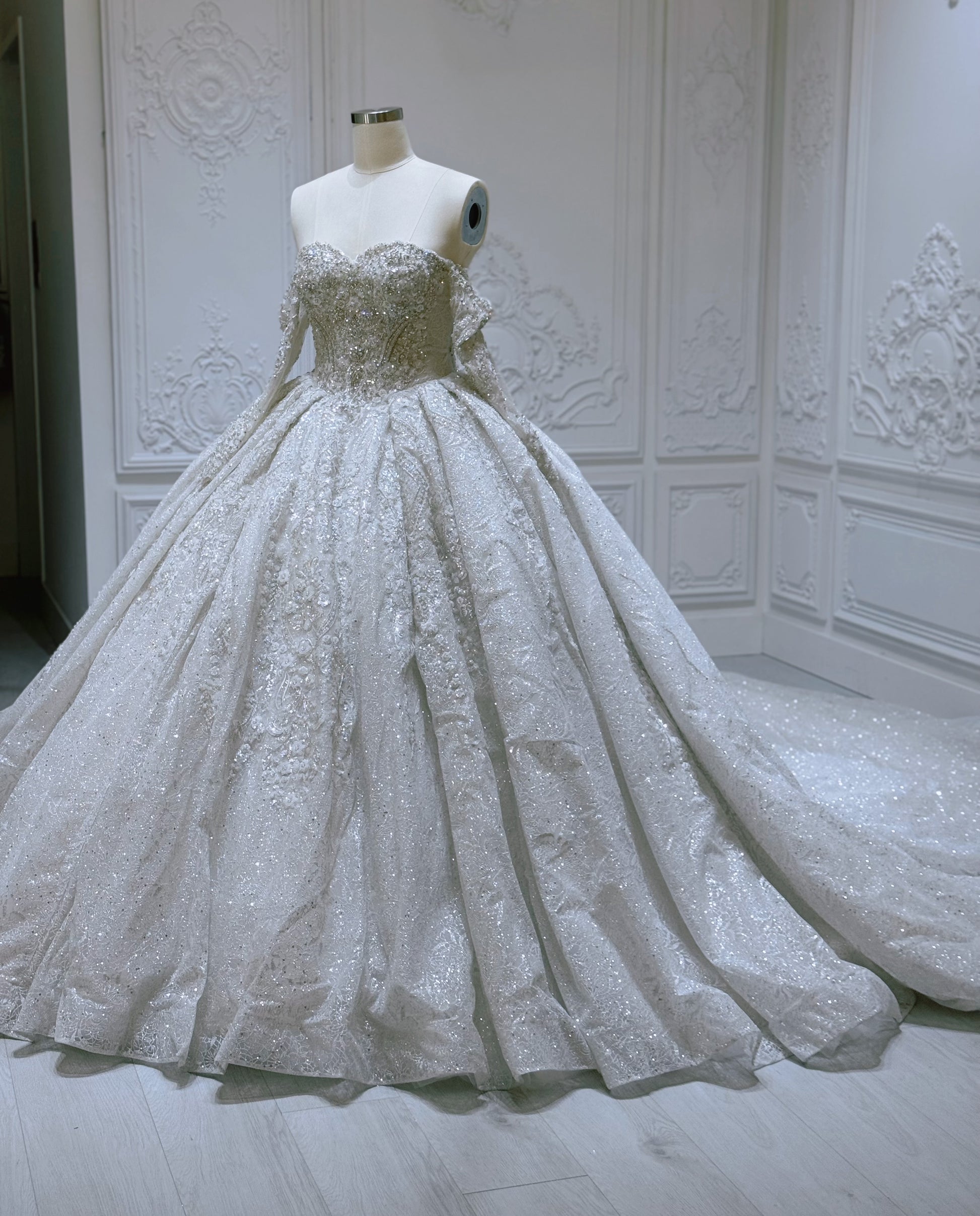 Stock Clearance! Bridal size 12! Luxury beading sparkling strapless princess floral ballgown fairy wedding dress - Ting's Bridal Collection