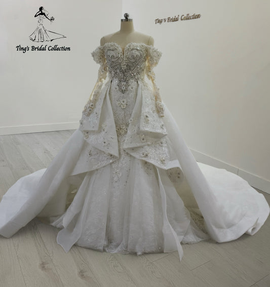 TBC-CM28 Made to order crystal beading with3D floral 2 in 1 style mermaid wedding dress with detachable ruffled skirt