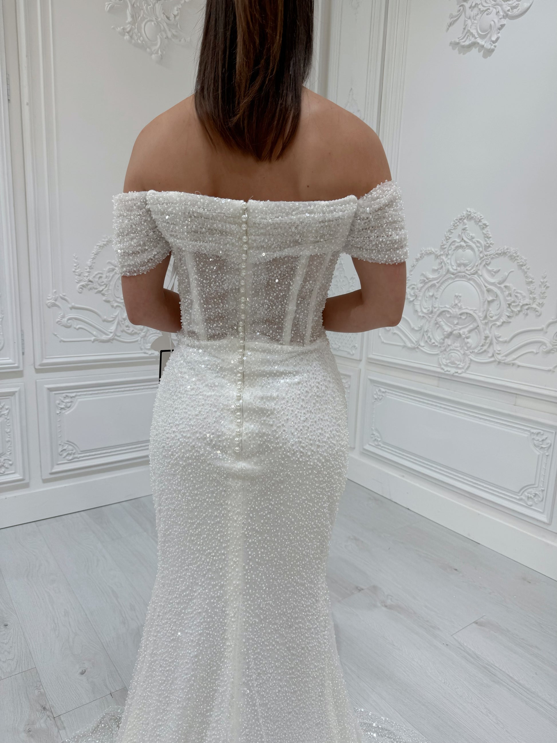 Stock Clearance! White beading straight neckline off the shoulder pleated sparkling mermaid wedding dress with detachable skirt - Ting's Bridal Collection