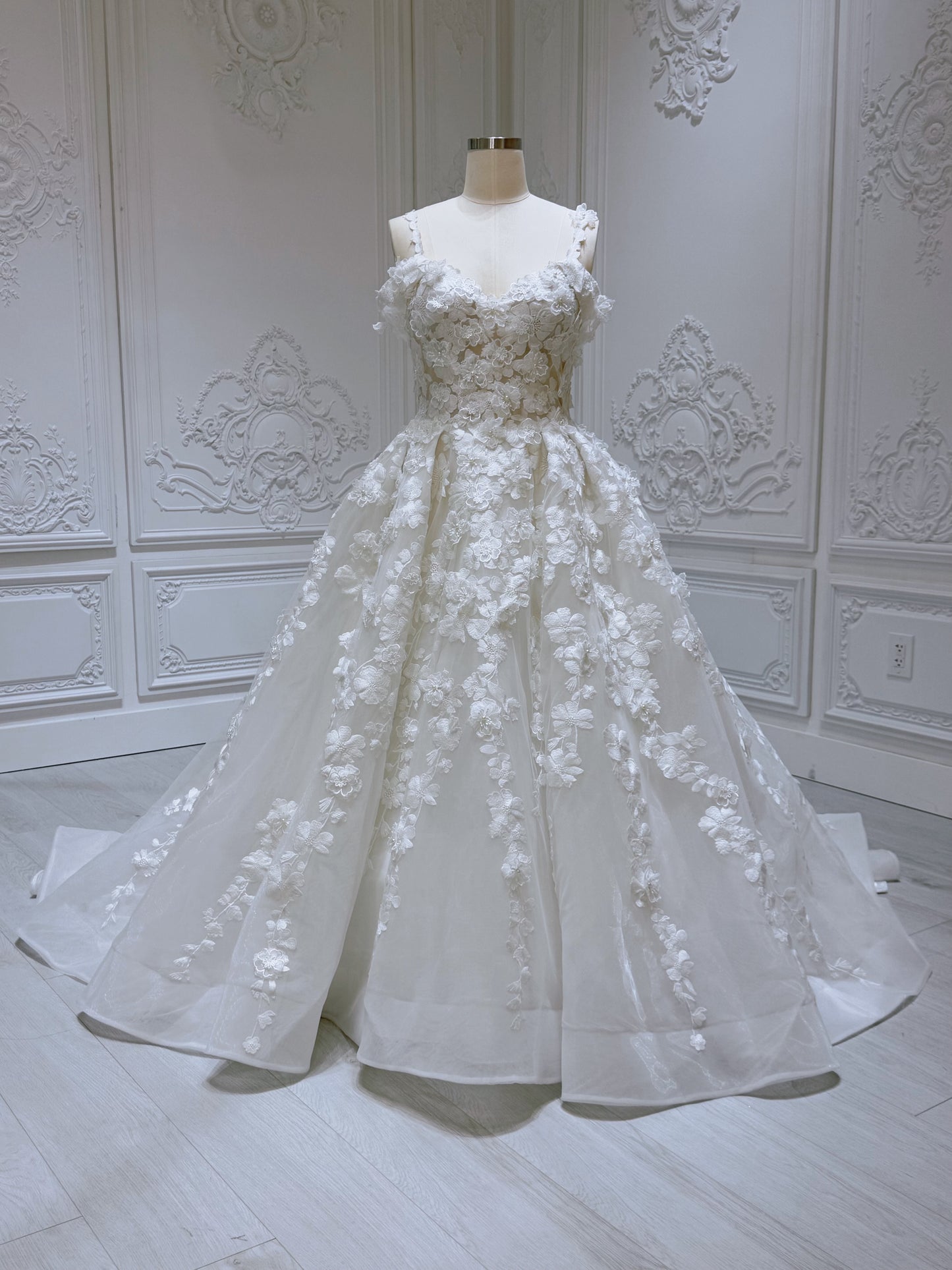Stock Sale! Bridal size 12! Custom-made 3D floral embroidered off the shoulder with sweetheart Aline fairy wedding dress - Ting's Bridal Collection