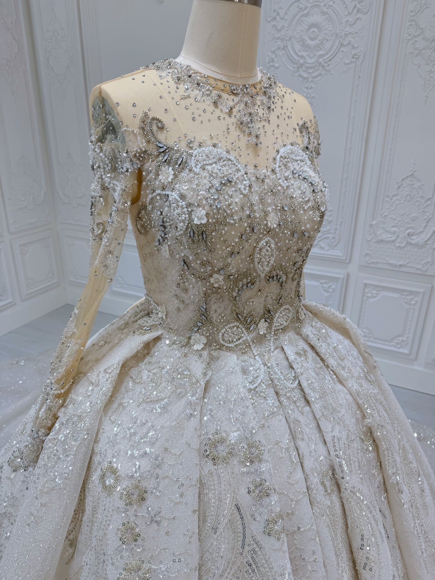 Stock Clearance! Luxury beading long sleeve with high neck ivory cream color ballgown royal wedding dress - Ting's Bridal Collection