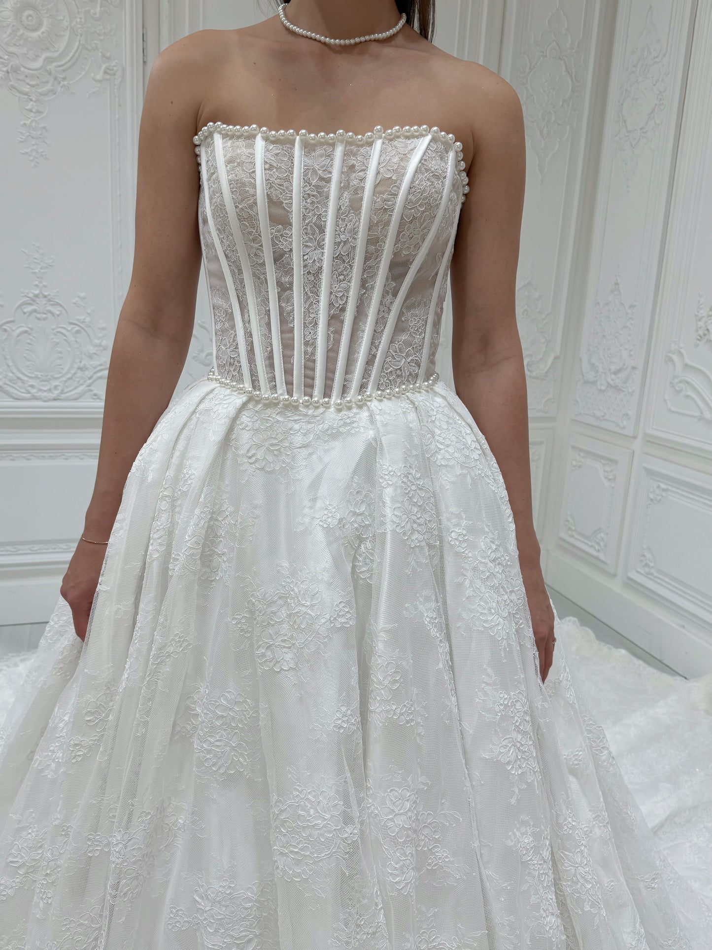 Stock Sale! Bridal size 12! Custom-made straight pearl beading corset lace Aline wedding dress with detachable bow - Ting's Bridal Collection