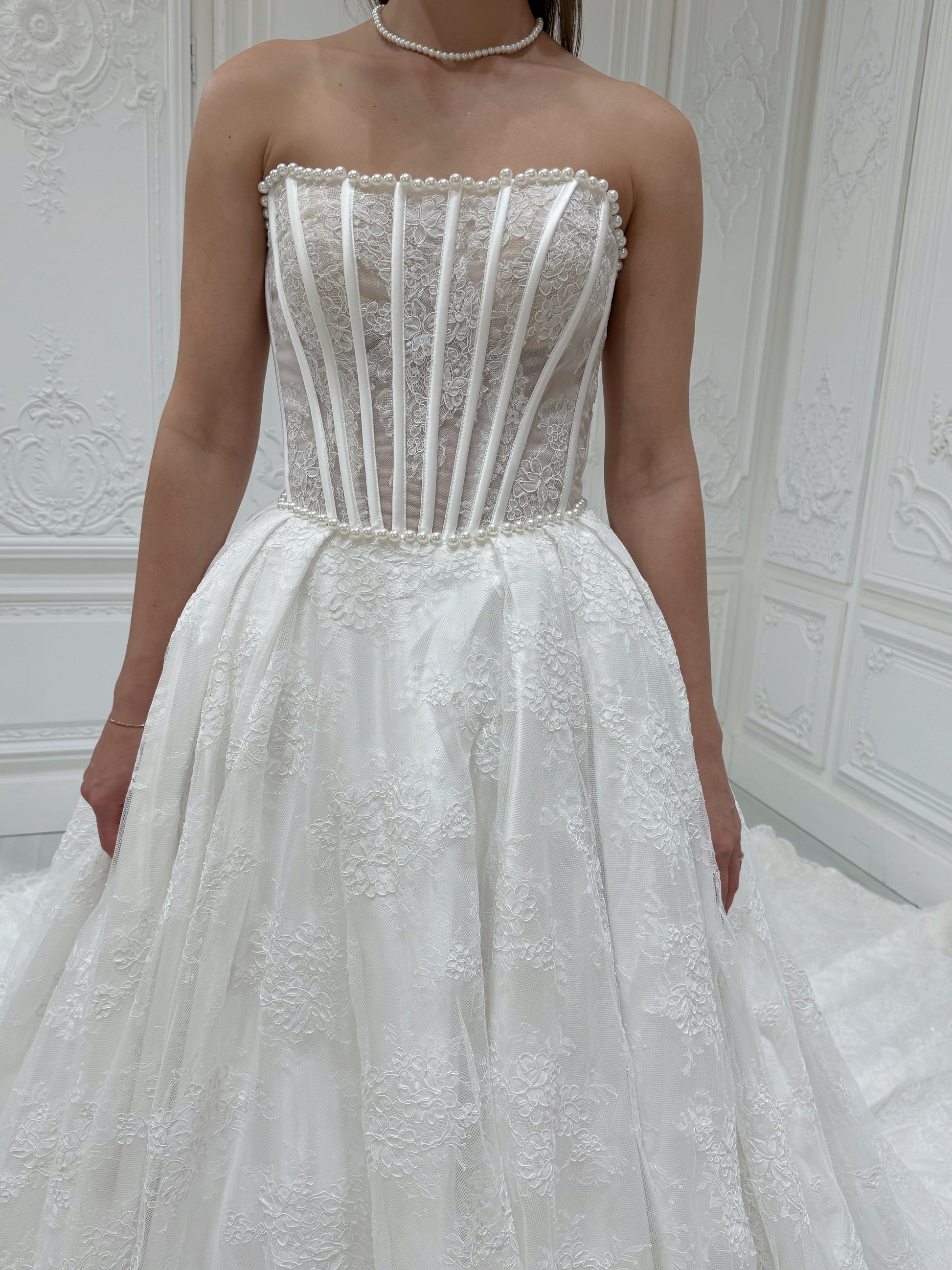 Stock Sale! Bridal size 12! Custom-made straight pearl beading corset lace Aline wedding dress with detachable bow - Ting's Bridal Collection