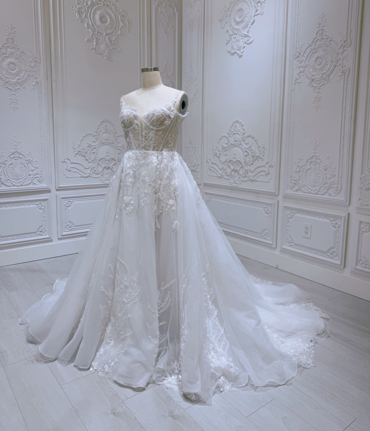 Stock Sale! Custom-made beading with 3D lace embroidered Aline wedding dress with split skirt - Ting's Bridal Collection