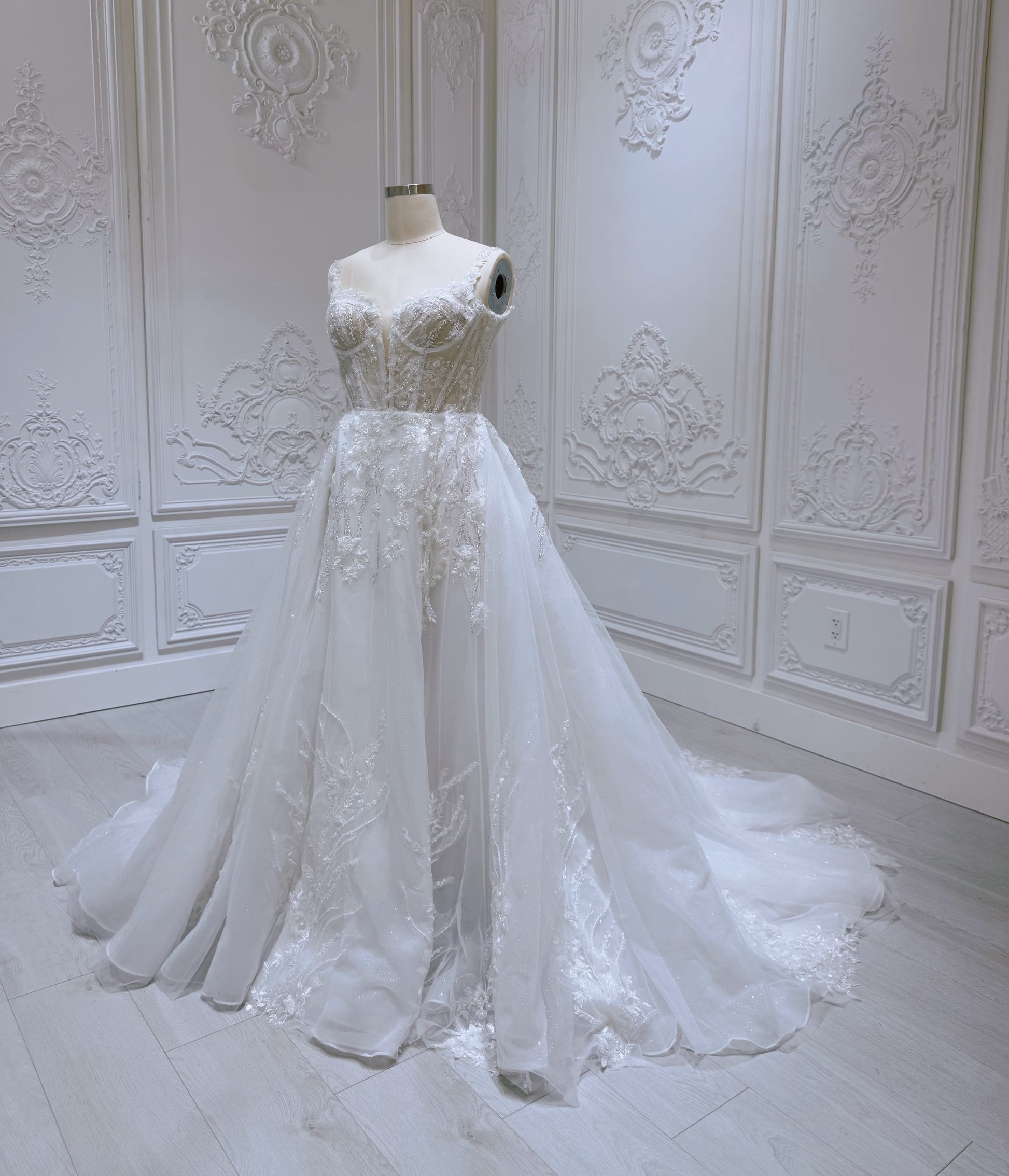 Stock Sale! Custom-made beading with 3D lace embroidered Aline wedding dress with split skirt - Ting's Bridal Collection