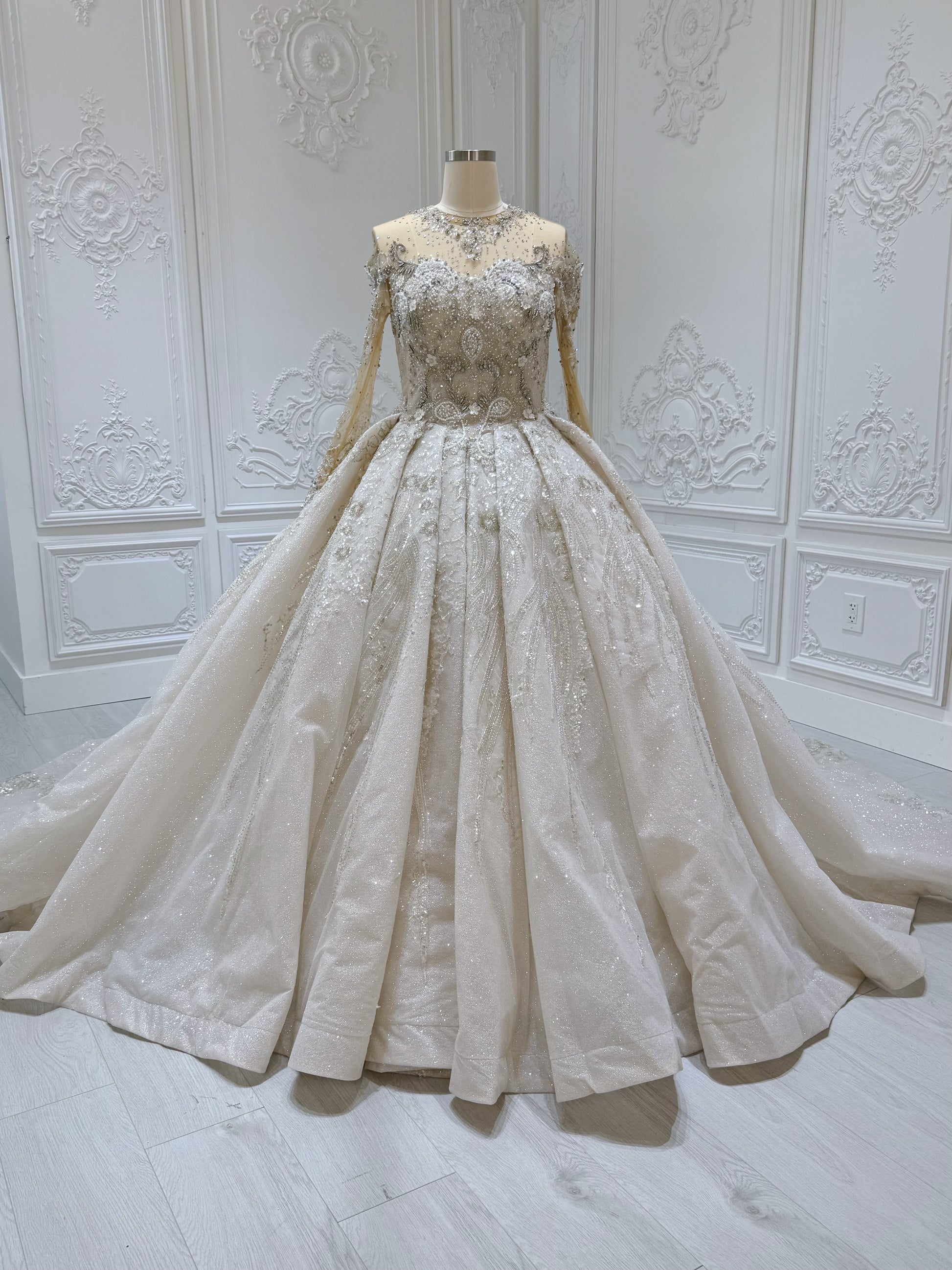 Stock Clearance! Luxury beading long sleeve with high neck ivory cream color ballgown royal wedding dress - Ting's Bridal Collection