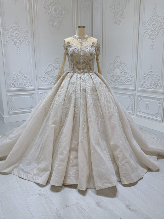 Stock Clearance! Luxury beading long sleeve with high neck ivory cream color ballgown royal wedding dress - Ting's Bridal Collection