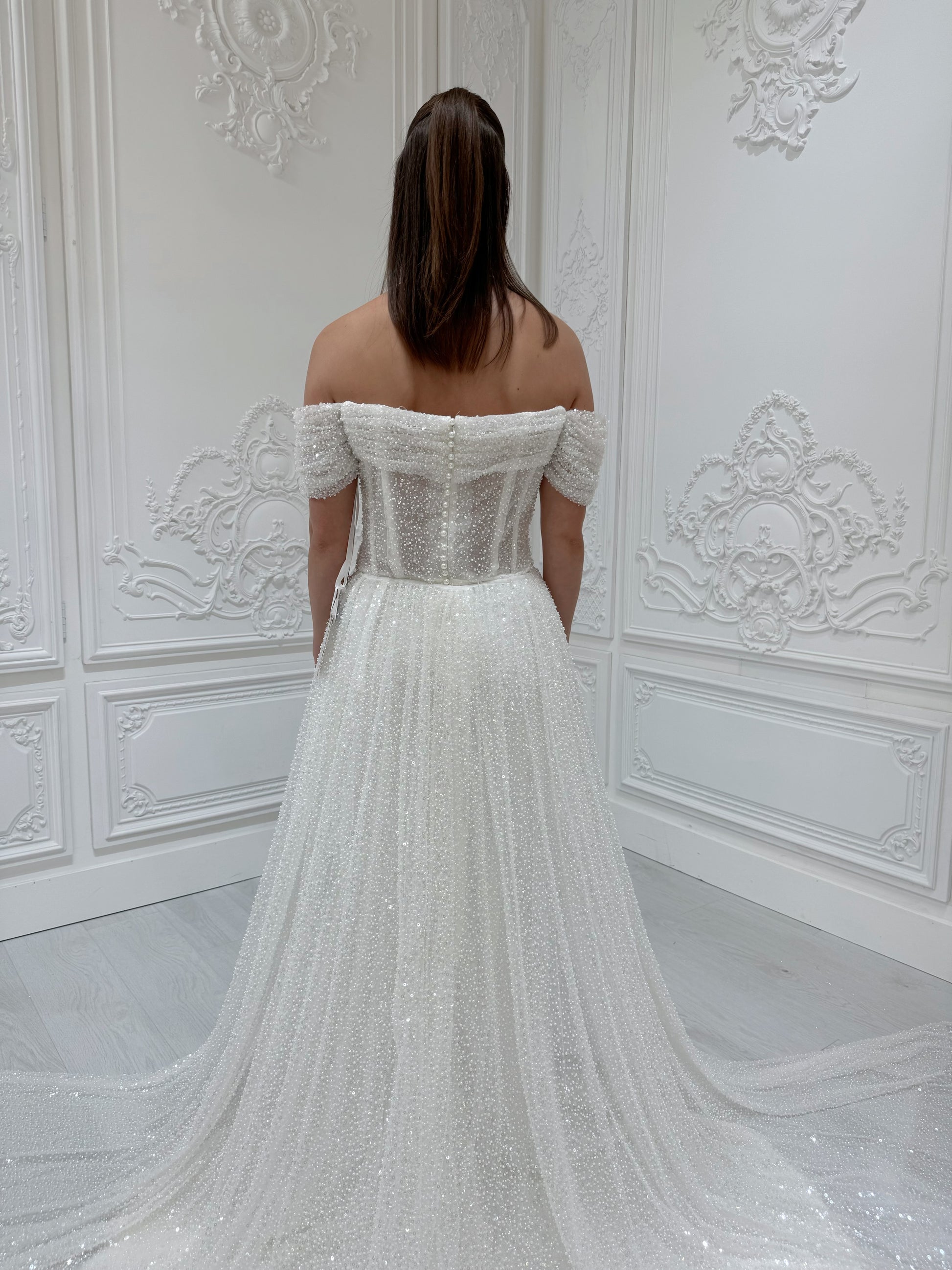 Stock Clearance! White beading straight neckline off the shoulder pleated sparkling mermaid wedding dress with detachable skirt - Ting's Bridal Collection