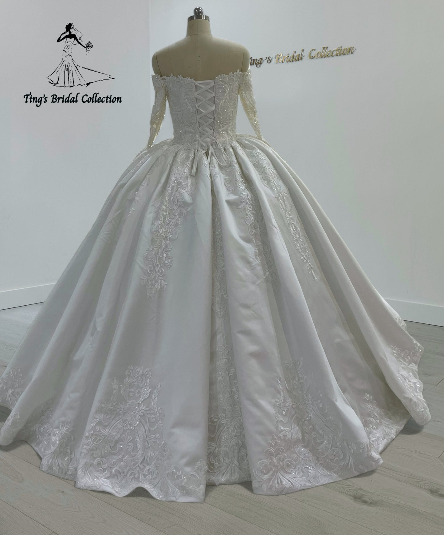 TBC-CM31 Made to order white beading lace off the shoulder long sleeve white satin princess ballgown royal wedding dress with detachable train