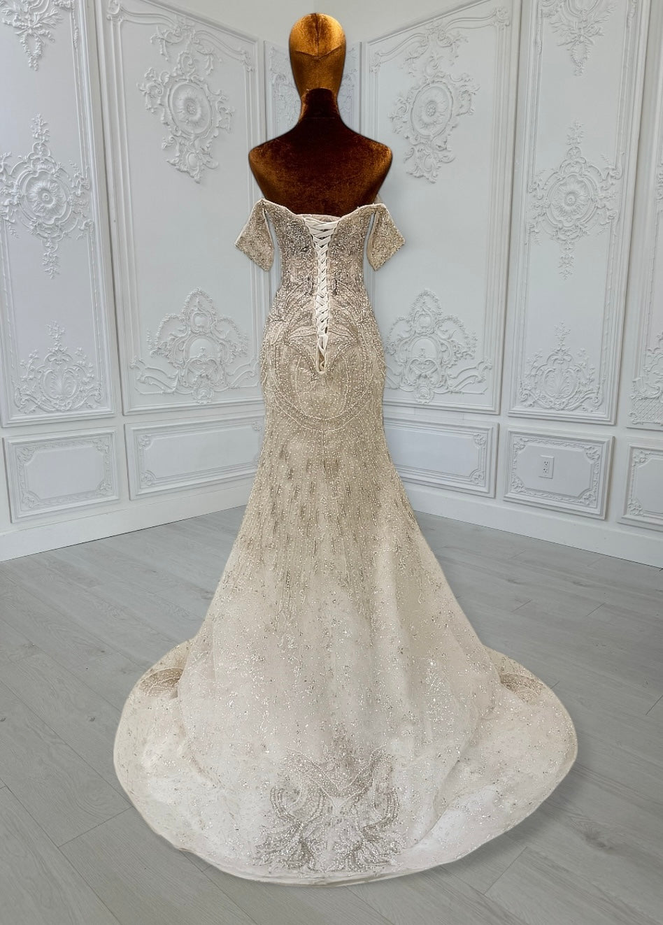 TBC-CM010  Custom-made luxury crystal beading off the shoulder 2 in 1 look trumpet and Aline wedding dress with detachable skirt