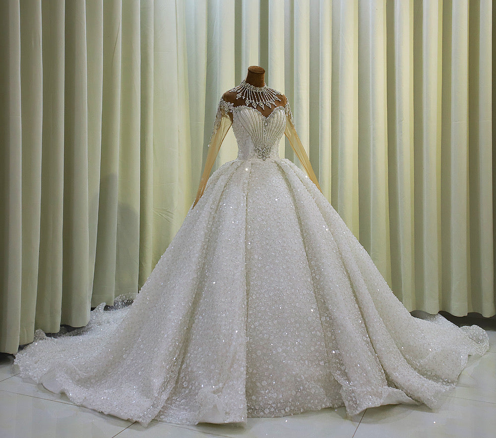 TBC-CM007  Custom-made luxury crystal beading sparkling high neck with long sleeve princess ballgown wedding dress - Ting's Bridal Collection