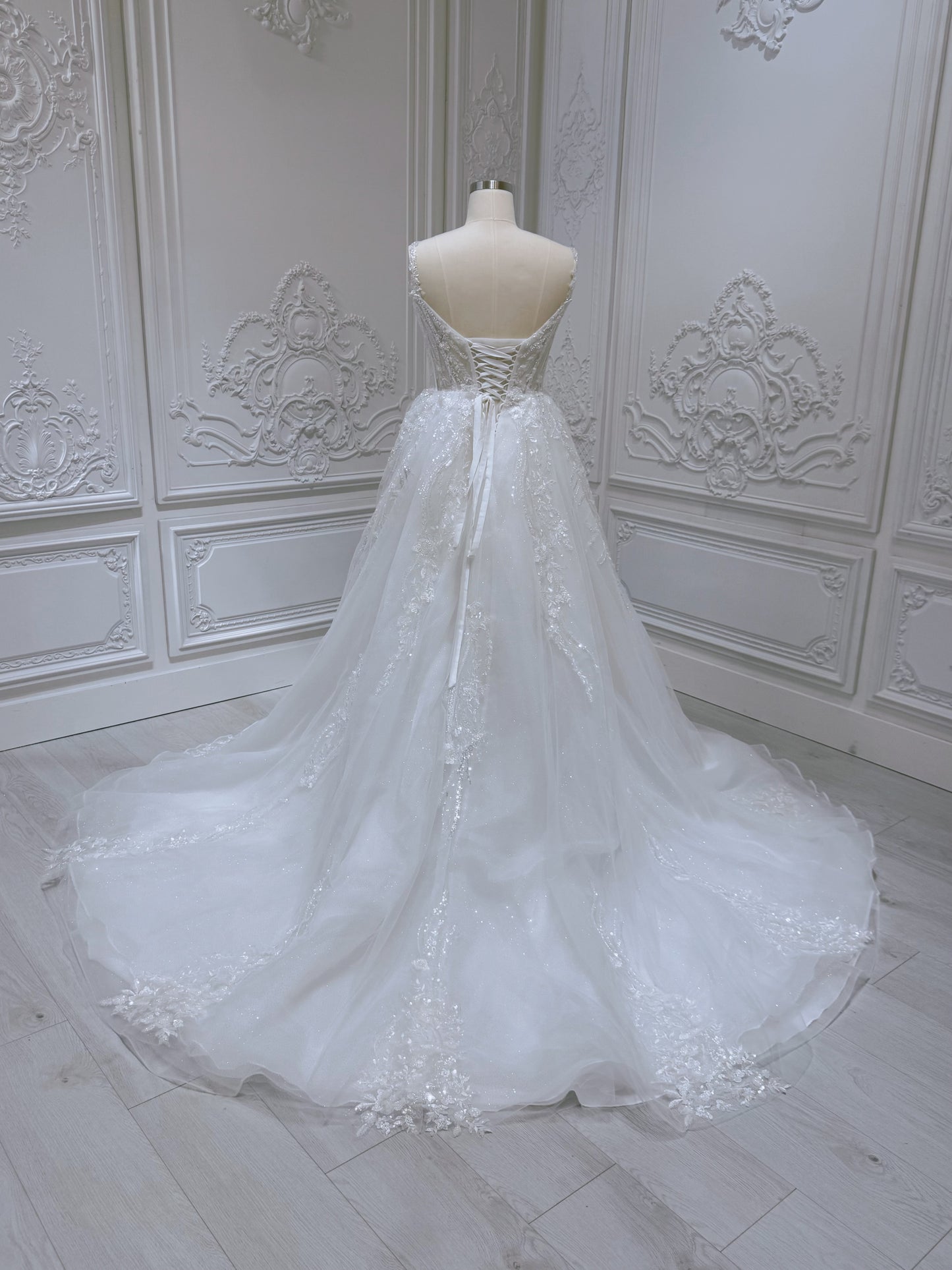 Stock Sale! Custom-made beading with 3D lace embroidered Aline wedding dress with split skirt - Ting's Bridal Collection