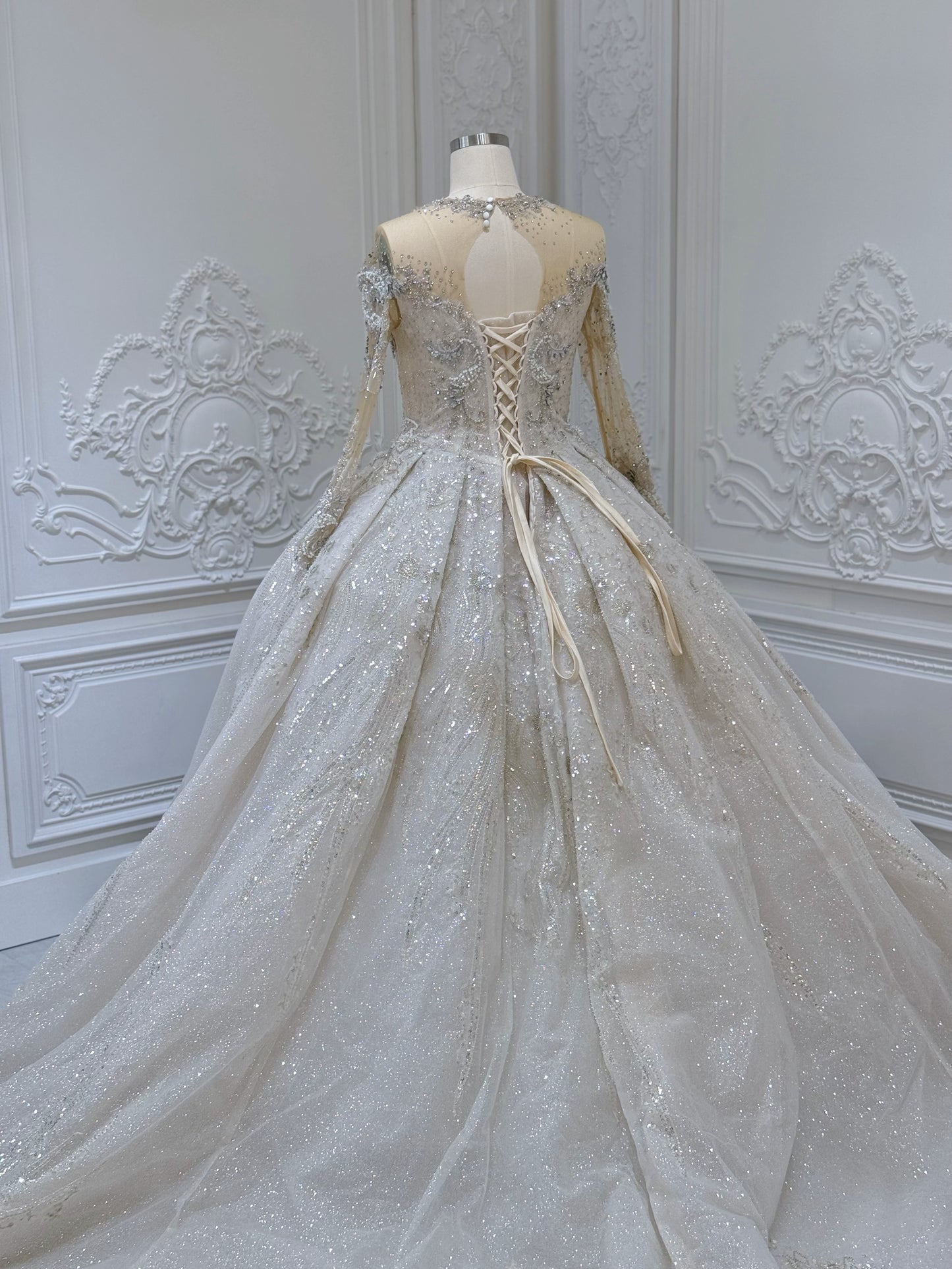 Stock Clearance! Luxury beading long sleeve with high neck ivory cream color ballgown royal wedding dress - Ting's Bridal Collection