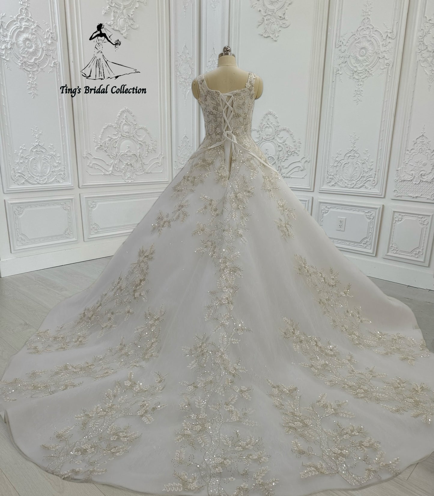 Custom-made white sparkling gown with champagne 3D floral embroidered square neck Aline wedding dress - Ting's Bridal Collection
