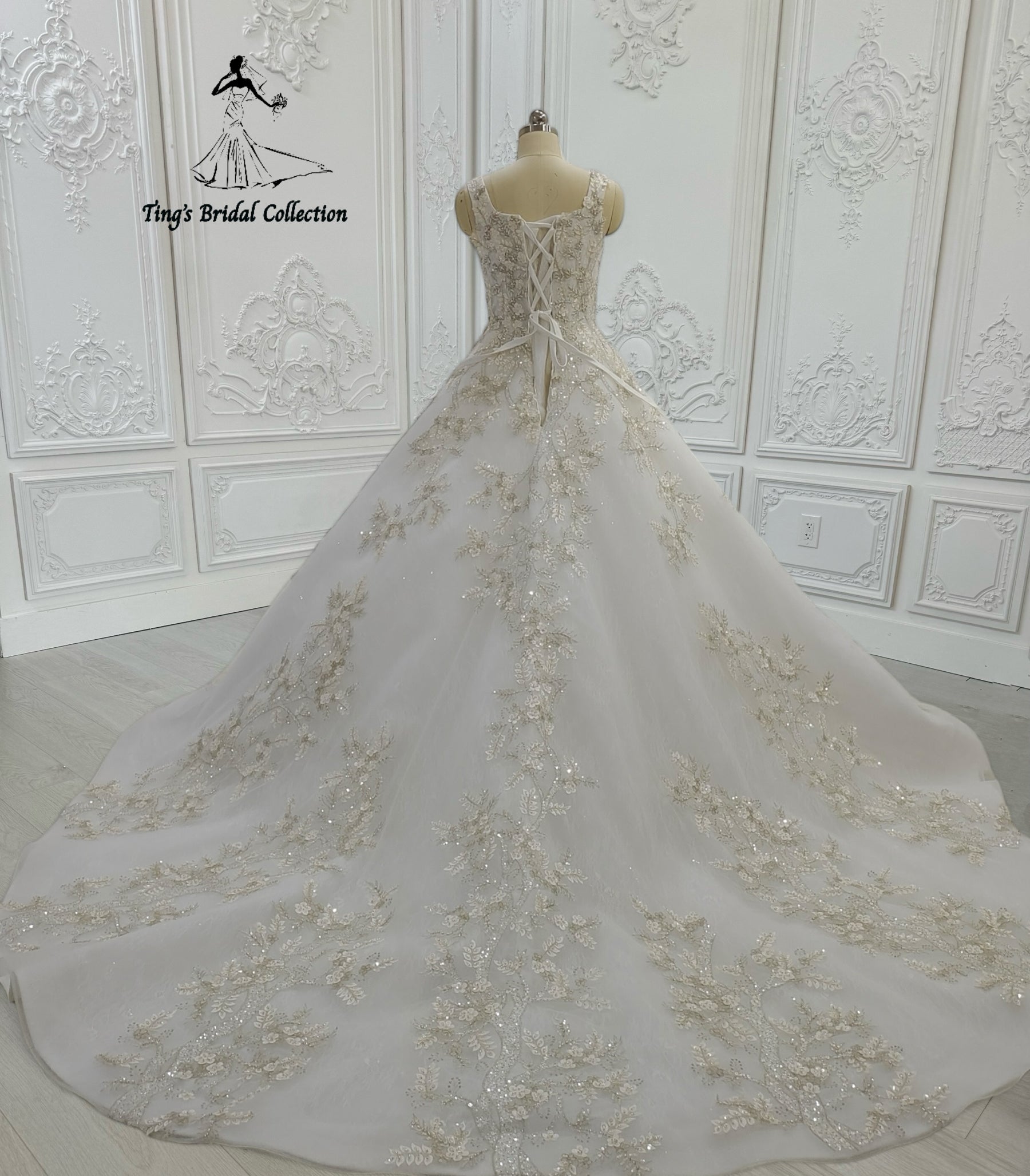 Custom-made white sparkling gown with champagne 3D floral embroidered square neck Aline wedding dress - Ting's Bridal Collection