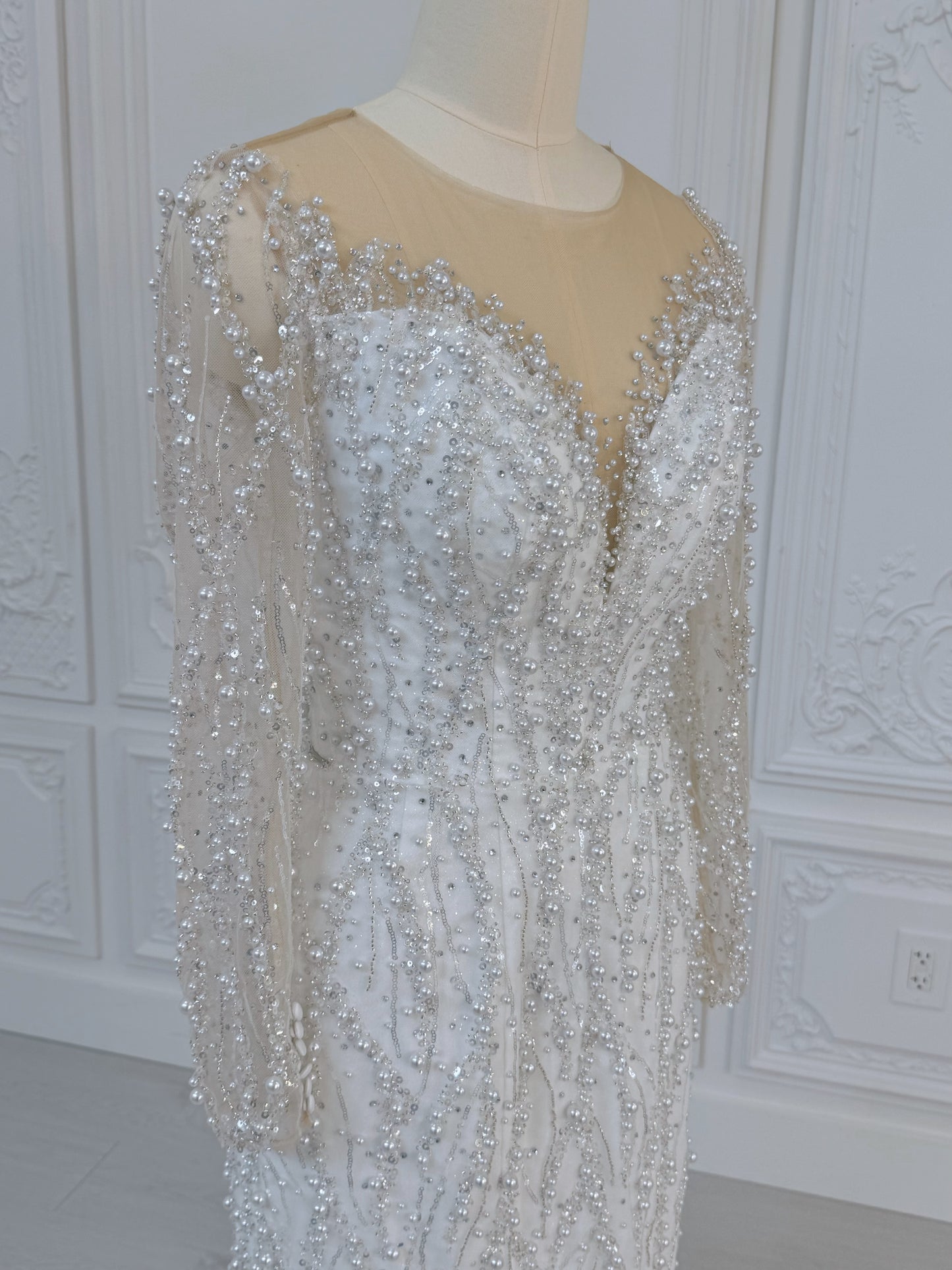 TMC-CM47 Custom-made luxury pearl with beading lace long sleeve 2 in 1 Ballgown&mermaid royal wedding dress
