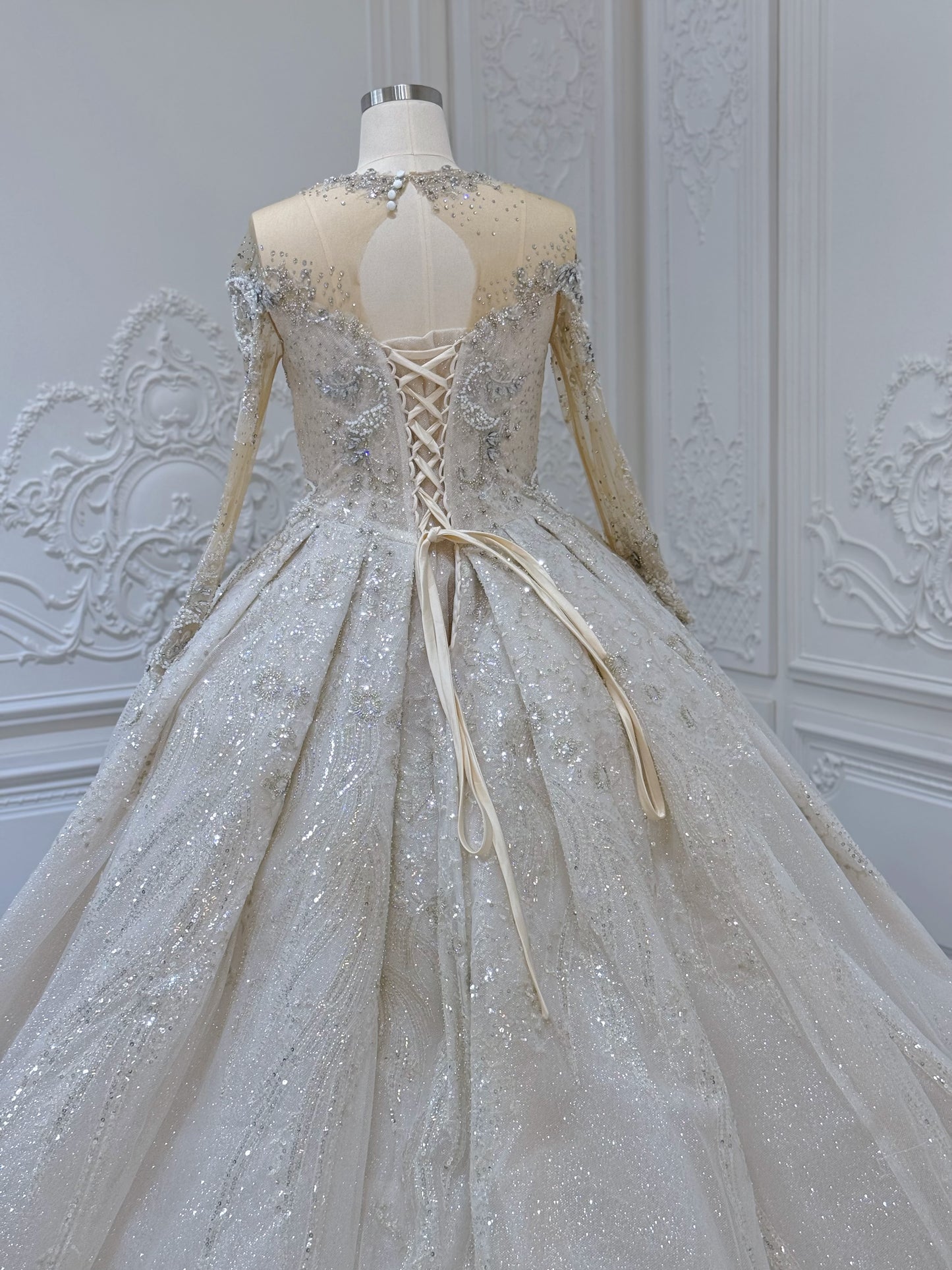 Stock Clearance! Luxury beading long sleeve with high neck ivory cream color ballgown royal wedding dress - Ting's Bridal Collection