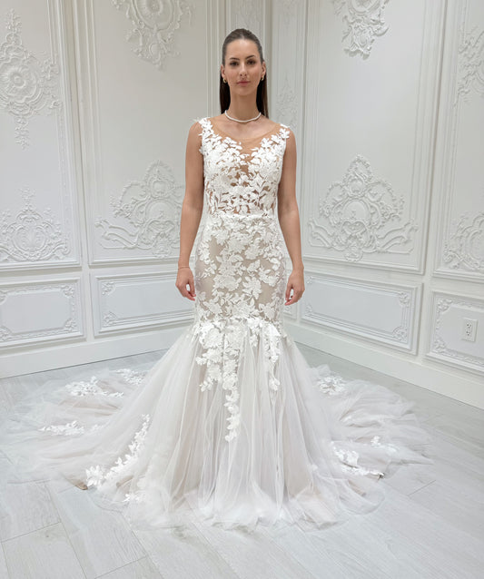 Stock sale! Custom-made champagne sleeveless floral lace embroidered mermaid wedding dress - Ting's Bridal Collection