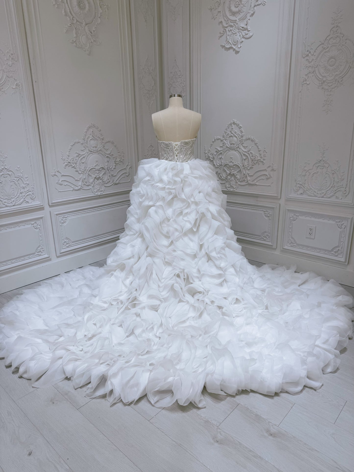 Stock Clearance! Bridal size 12! Custom-made off white beading strapless 2 in 1 look trumpet wedding dress with detachable ruffled skirt