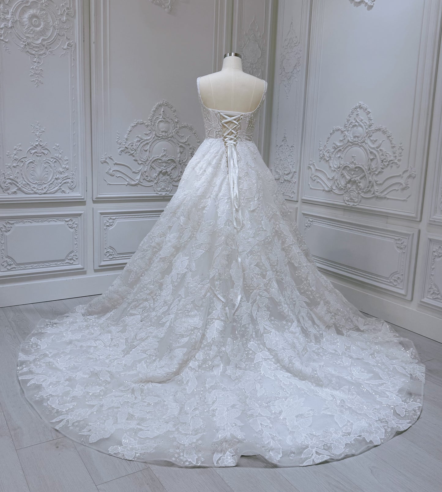 Stock Sale! Custom-made luxury 3D beading floral lace with straight neckline Aline wedding dress - Ting's Bridal Collection