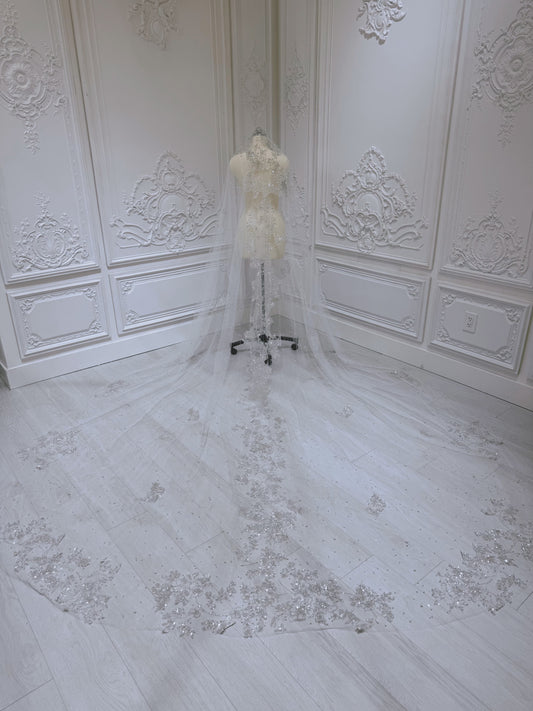 Stock of off white glitter lace with beaded pearl long bridal veil