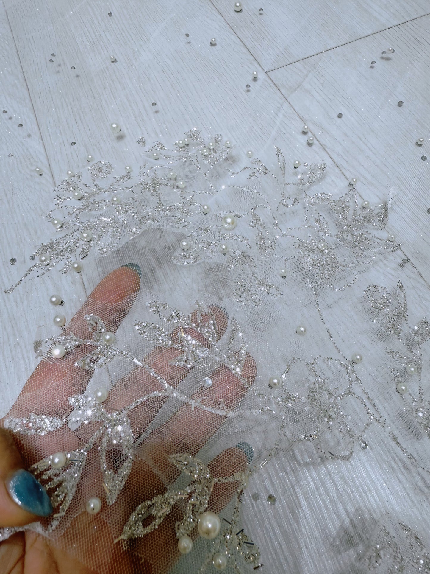 Stock of off white glitter lace with beaded pearl long bridal veil