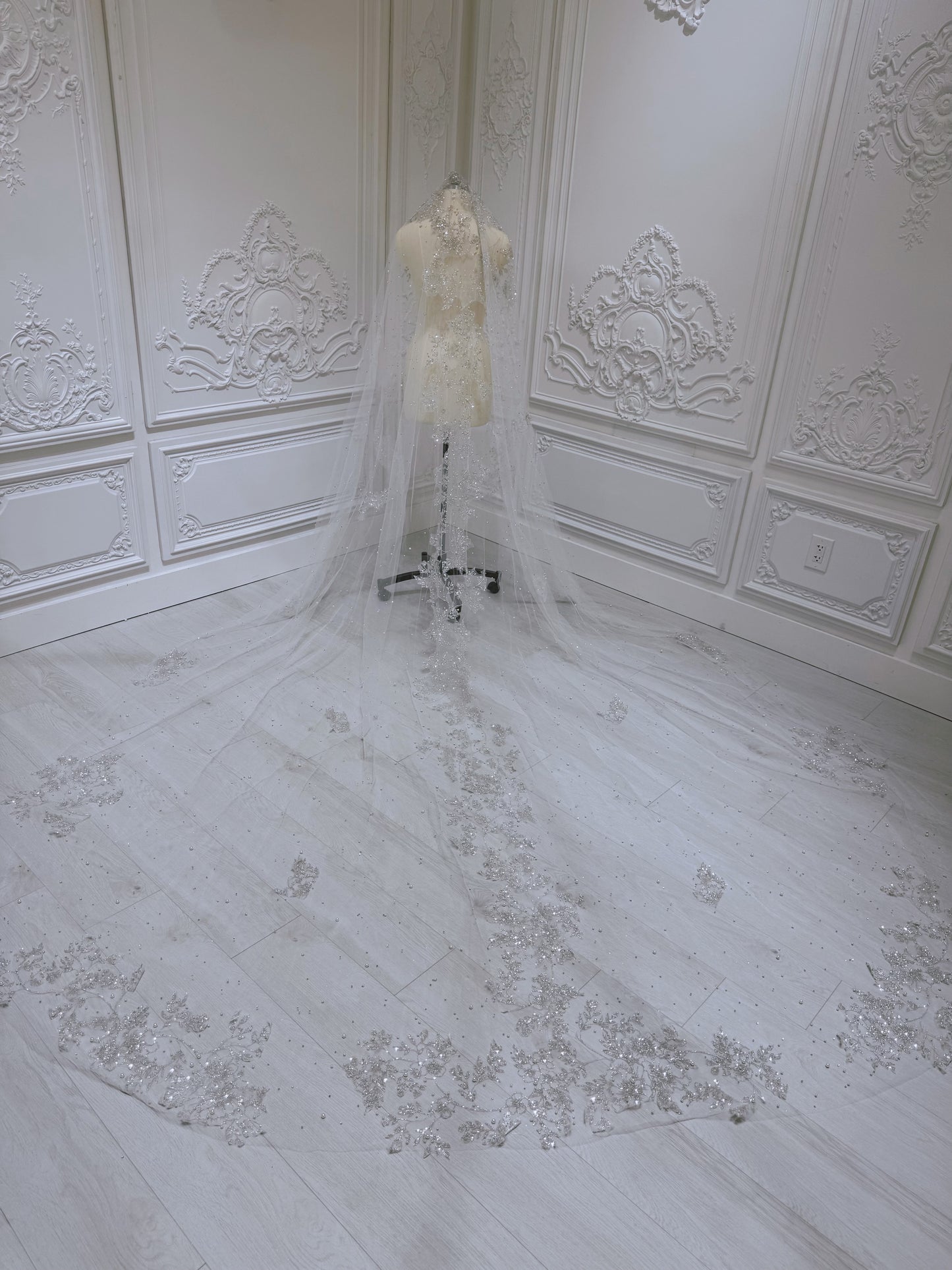 Stock of off white glitter lace with beaded pearl long bridal veil
