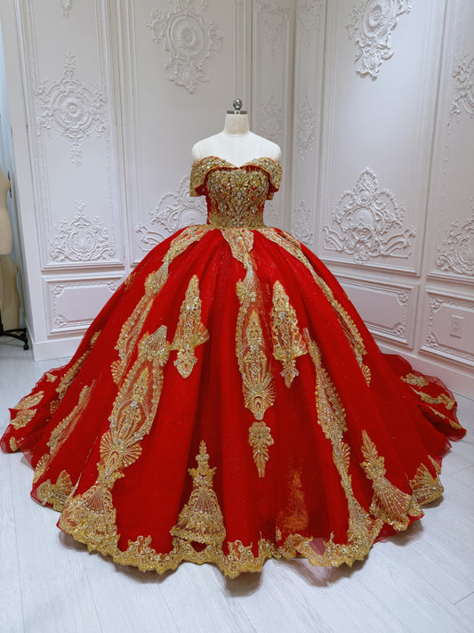 TBC-2IN1-037 Custom-made luxury beading red and gold princess ballgown royal wedding dress with detachable skirt