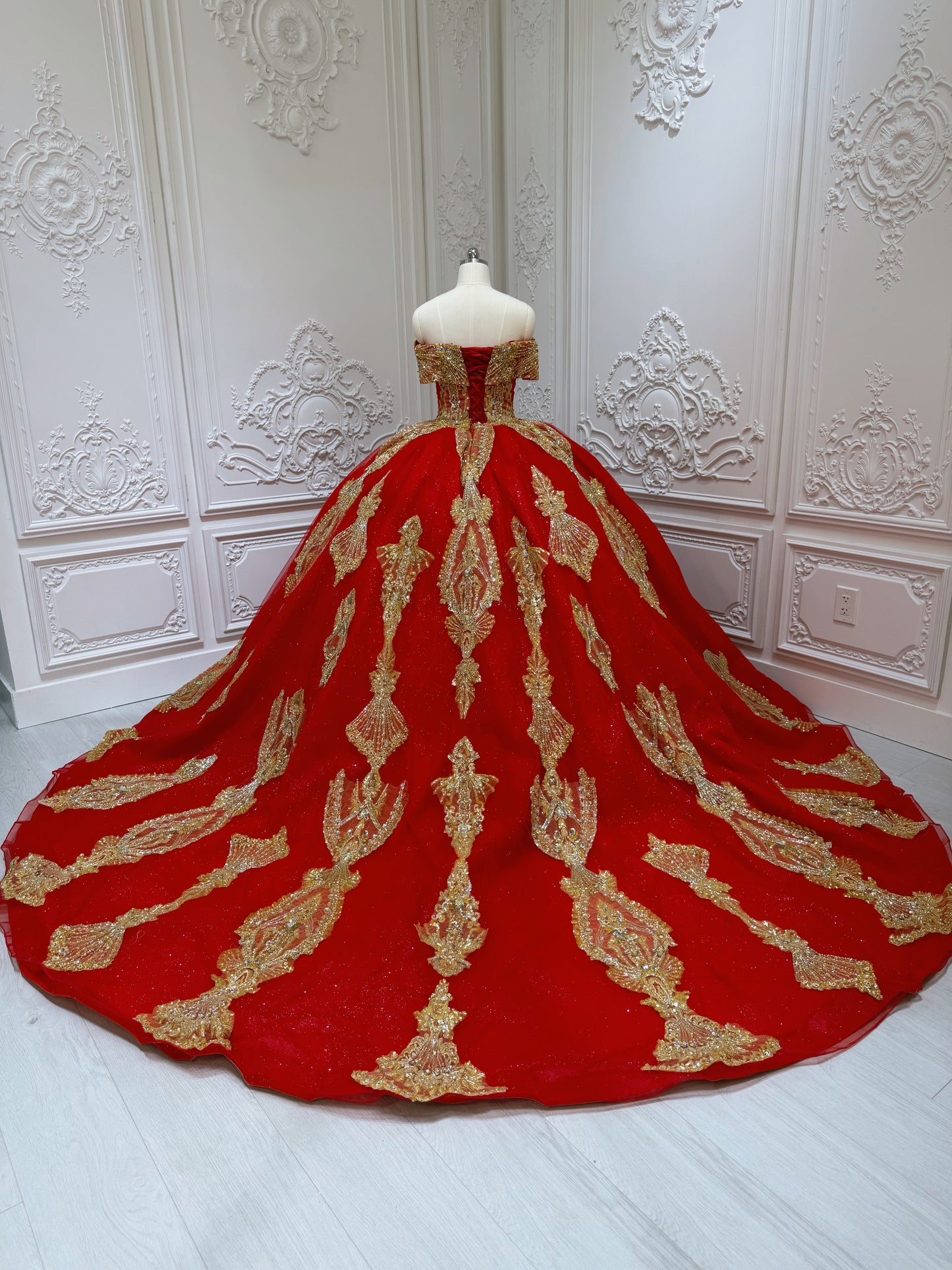 TBC-2IN1-037 Custom-made luxury beading red and gold princess ballgown royal wedding dress with detachable skirt