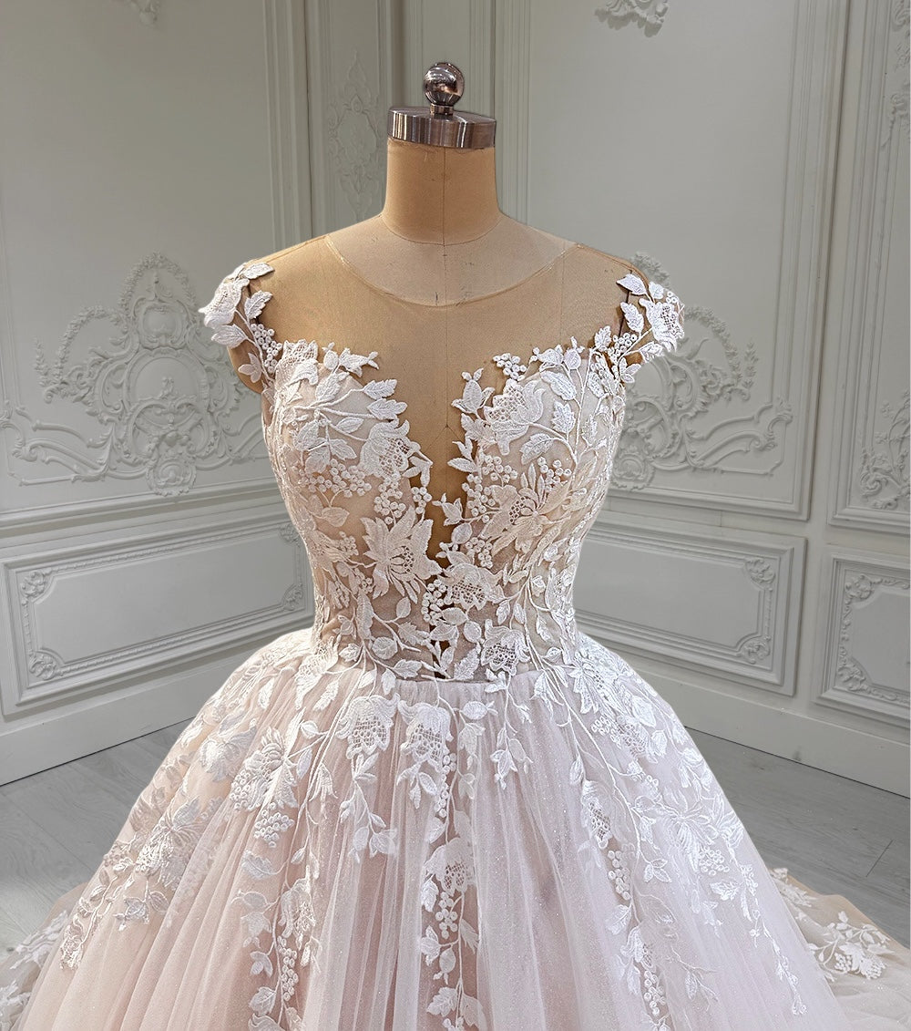 TBC-CM15 Custom-made blush color cap sleeve floral embroidered Aline/ballgown fairy wedding dress