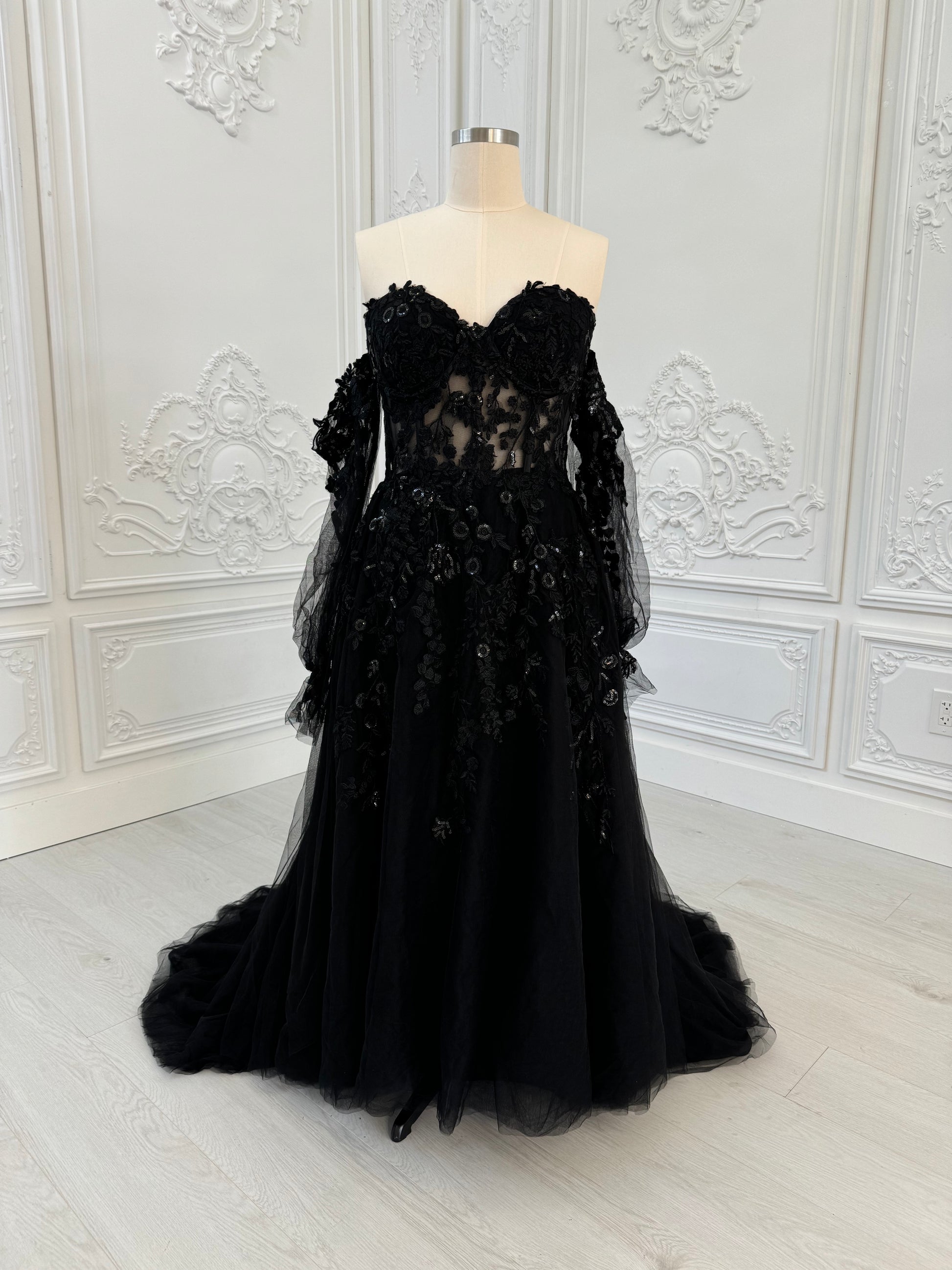 TBC-CM003  Custom-made black off the shoulder lace embroidered Aline wedding dress - Ting's Bridal Collection