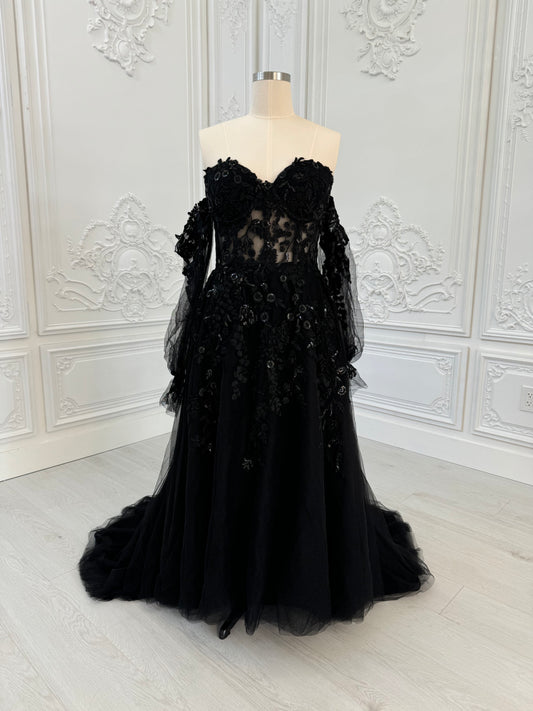 TBC-CM003  Custom-made black off the shoulder lace embroidered Aline wedding dress - Ting's Bridal Collection
