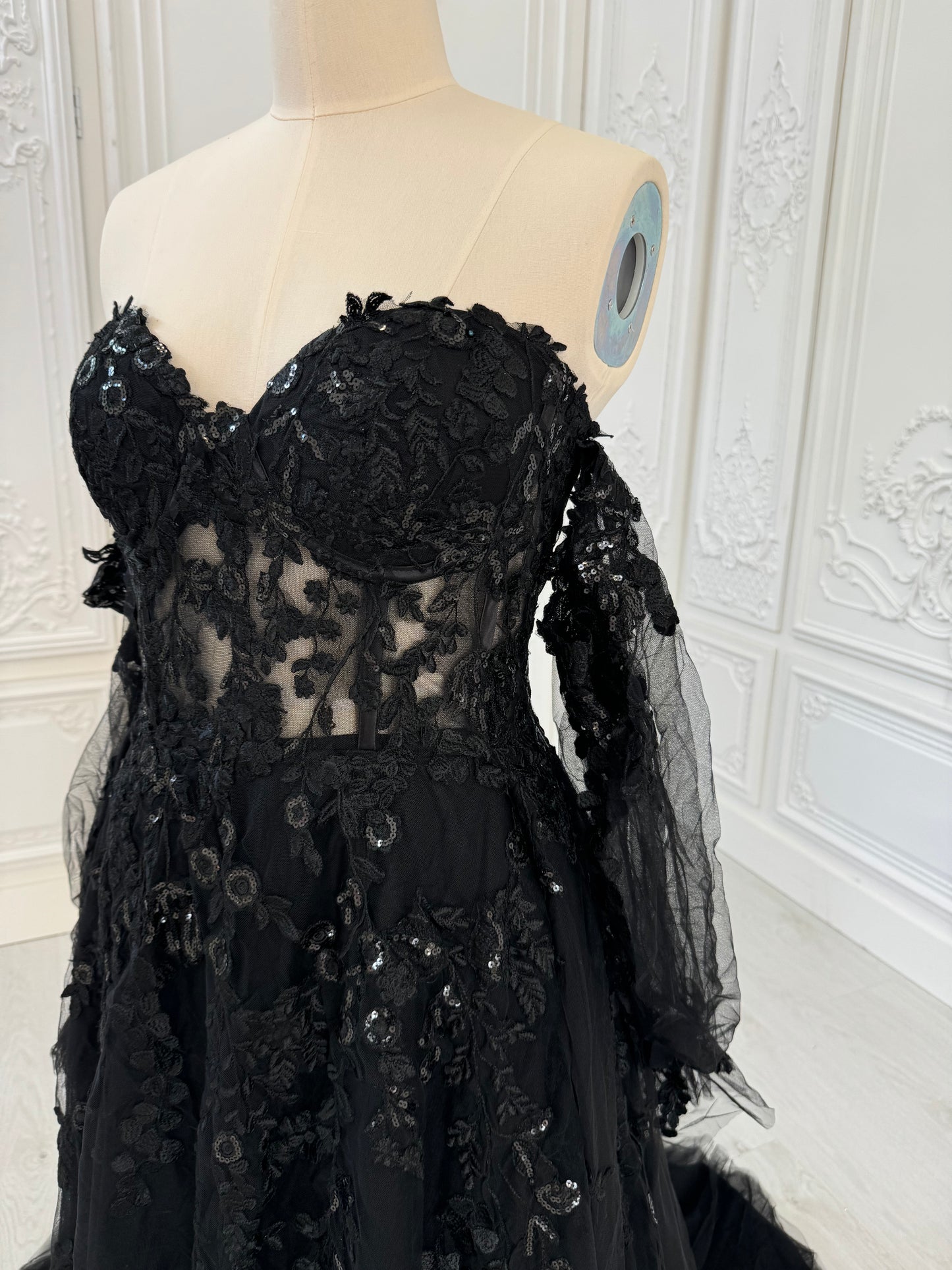 TBC-CM003  Custom-made black off the shoulder lace embroidered Aline wedding dress - Ting's Bridal Collection