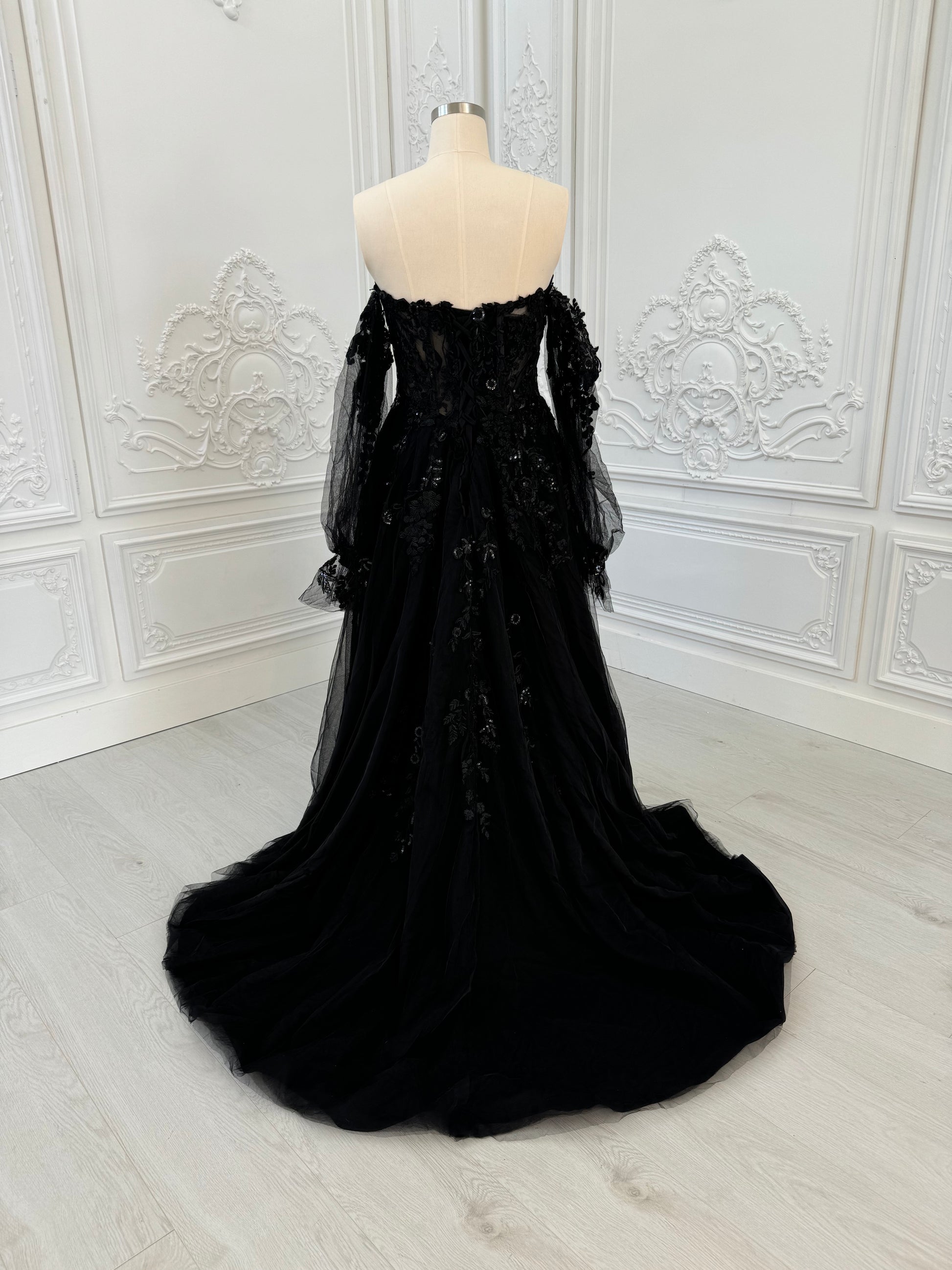 TBC-CM003  Custom-made black off the shoulder lace embroidered Aline wedding dress - Ting's Bridal Collection