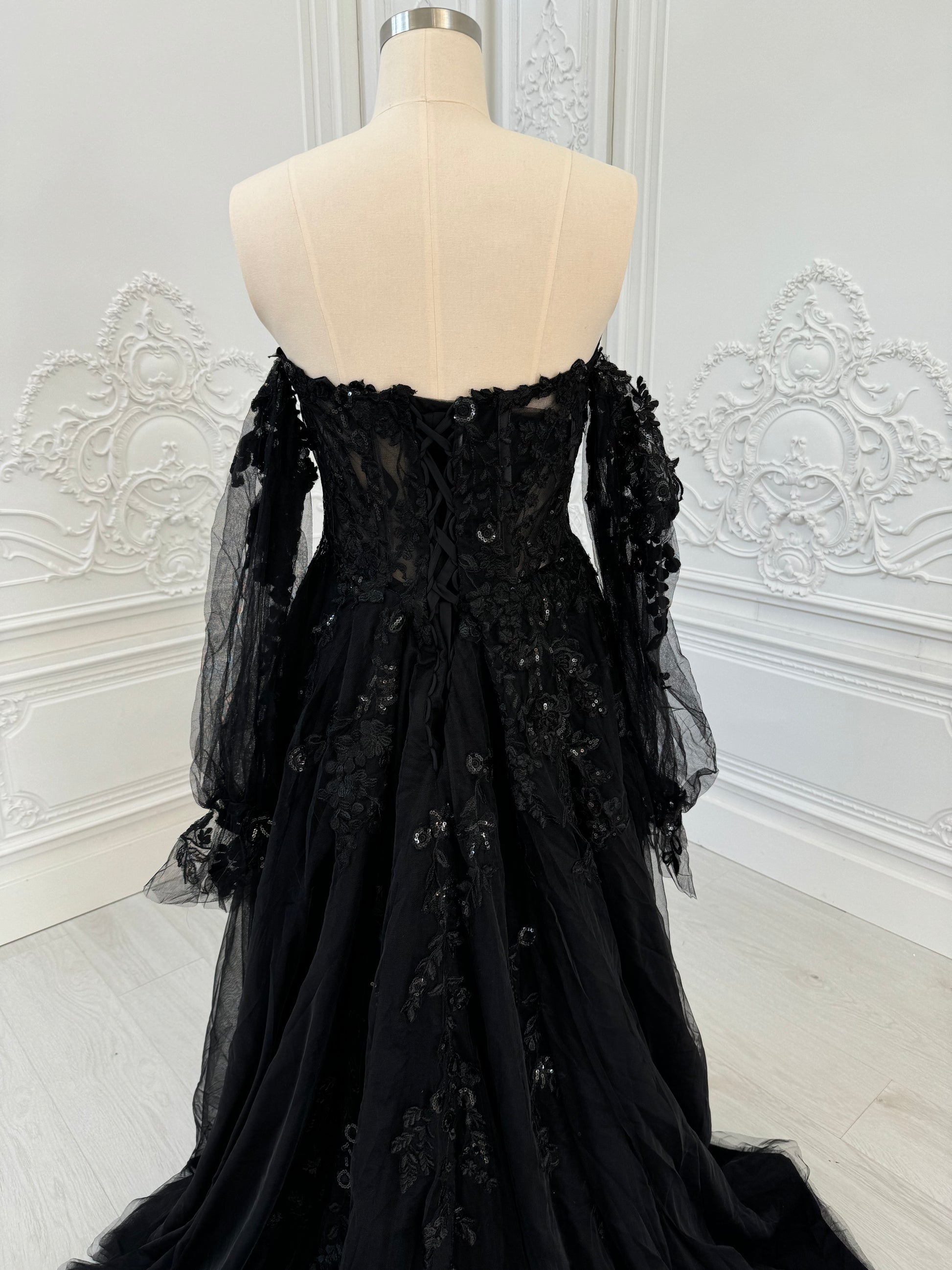 TBC-CM003  Custom-made black off the shoulder lace embroidered Aline wedding dress - Ting's Bridal Collection