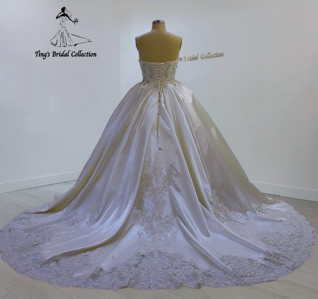 TBC-CM25 Made to order Ivory color beading with lace embroidered strapless satin ballgown wedding dress