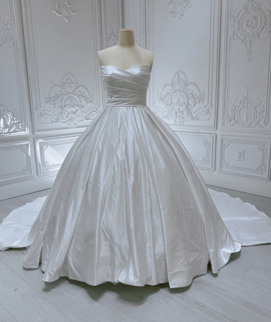 Stock Clearance! Bridal Size 12! Custom-made white strapless pleated classic satin Aline wedding dress