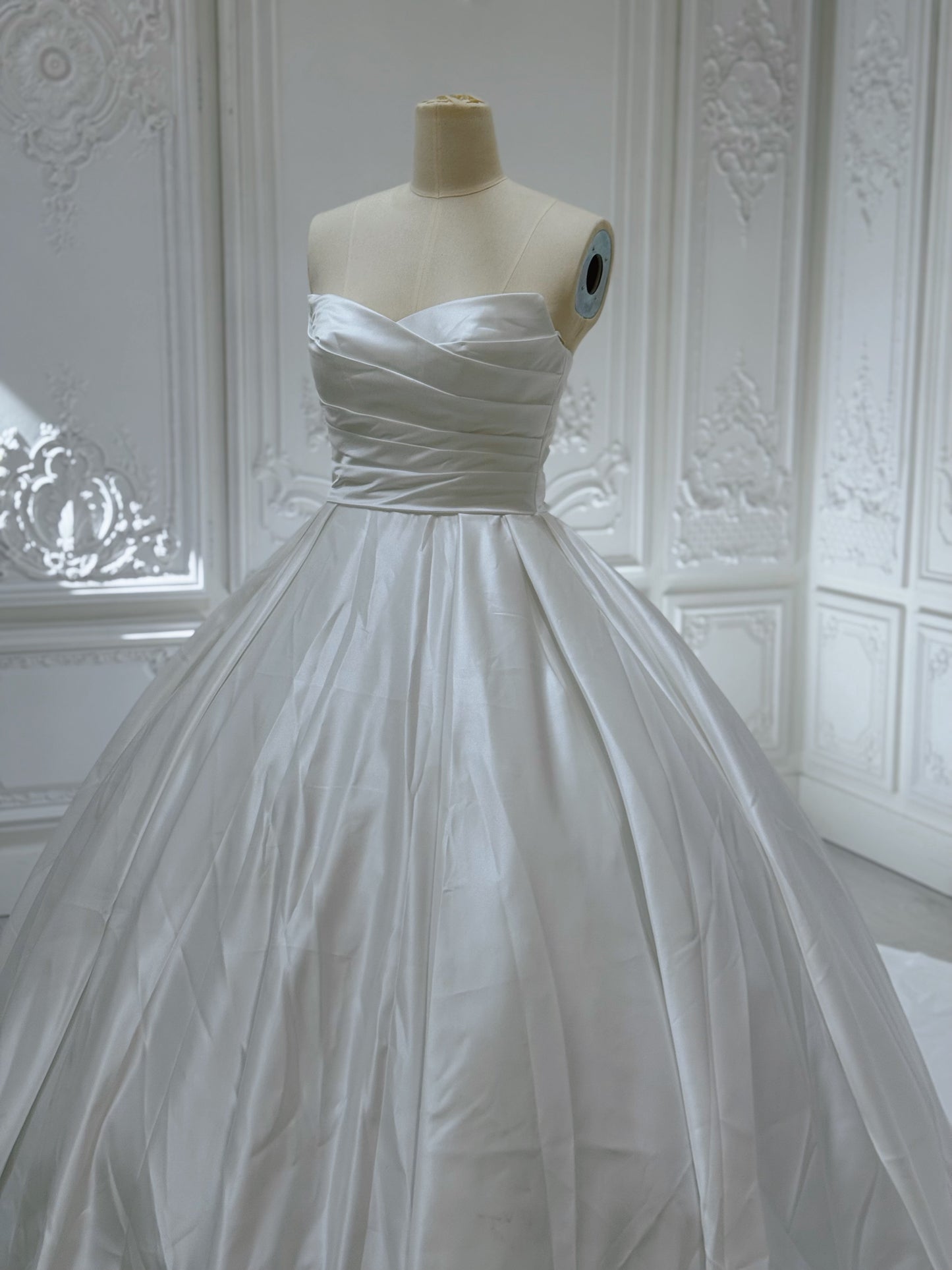 Stock Clearance! Bridal Size 12! Custom-made white strapless pleated classic satin Aline wedding dress