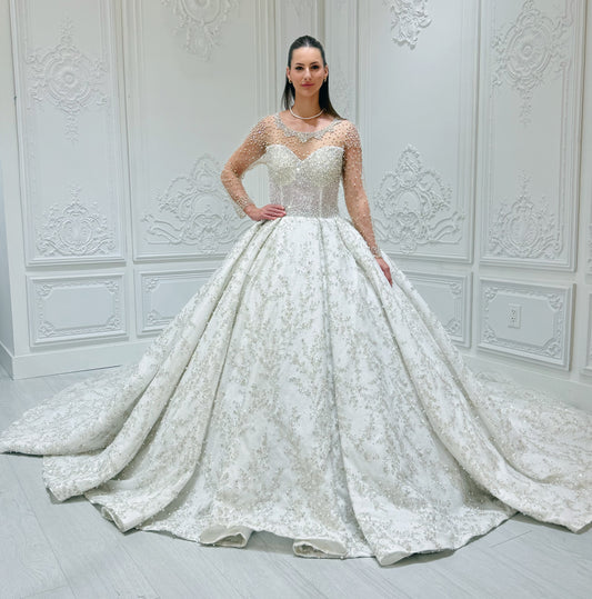 TBC-B002 Luxury beading off white long sleeve sparkling royal wedding dress