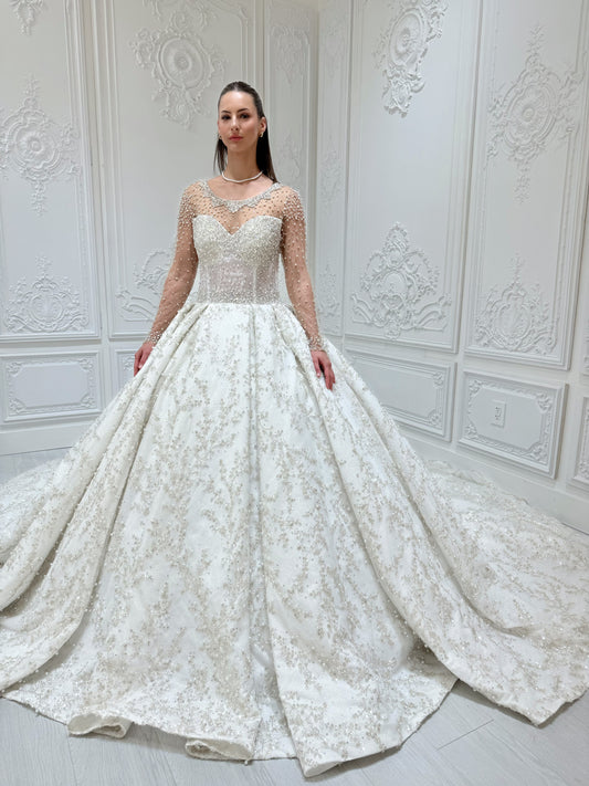 TBC-B002 Luxury beading off white long sleeve sparkling royal wedding dress