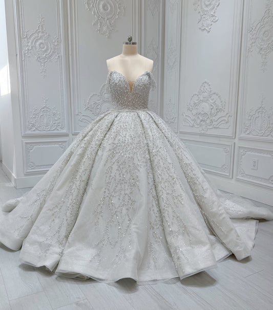 TBC-2IN1-008 Stock of pearl with beading lace off the shoulder 2 in 1 ballgown/mermaid wedding dress with detachable full skirt