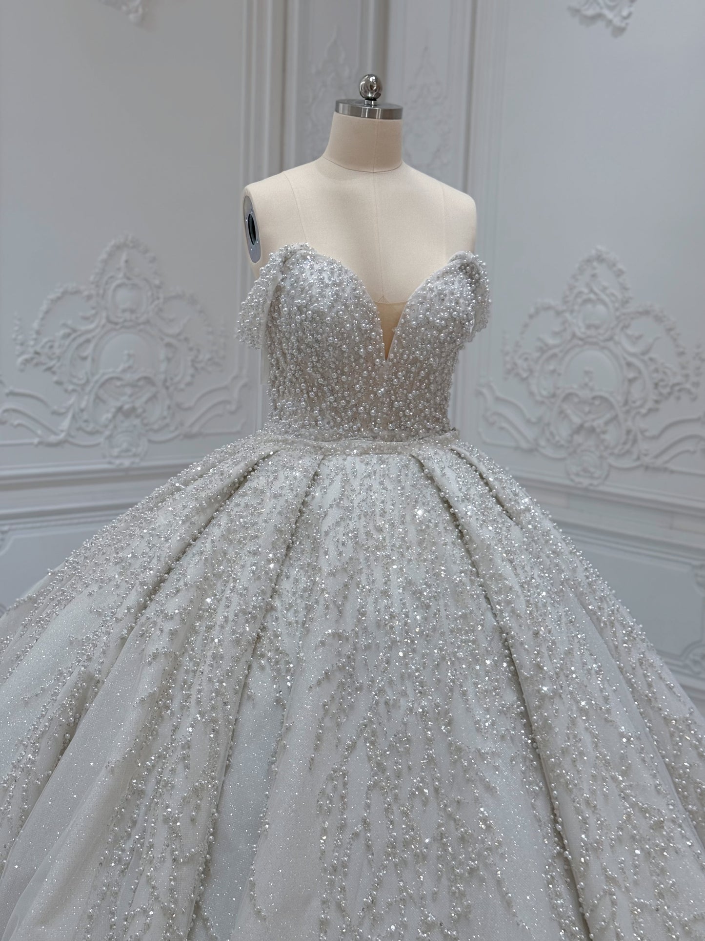 TBC-2IN1-008 Stock of pearl with beading lace off the shoulder 2 in 1 ballgown/mermaid wedding dress with detachable full skirt